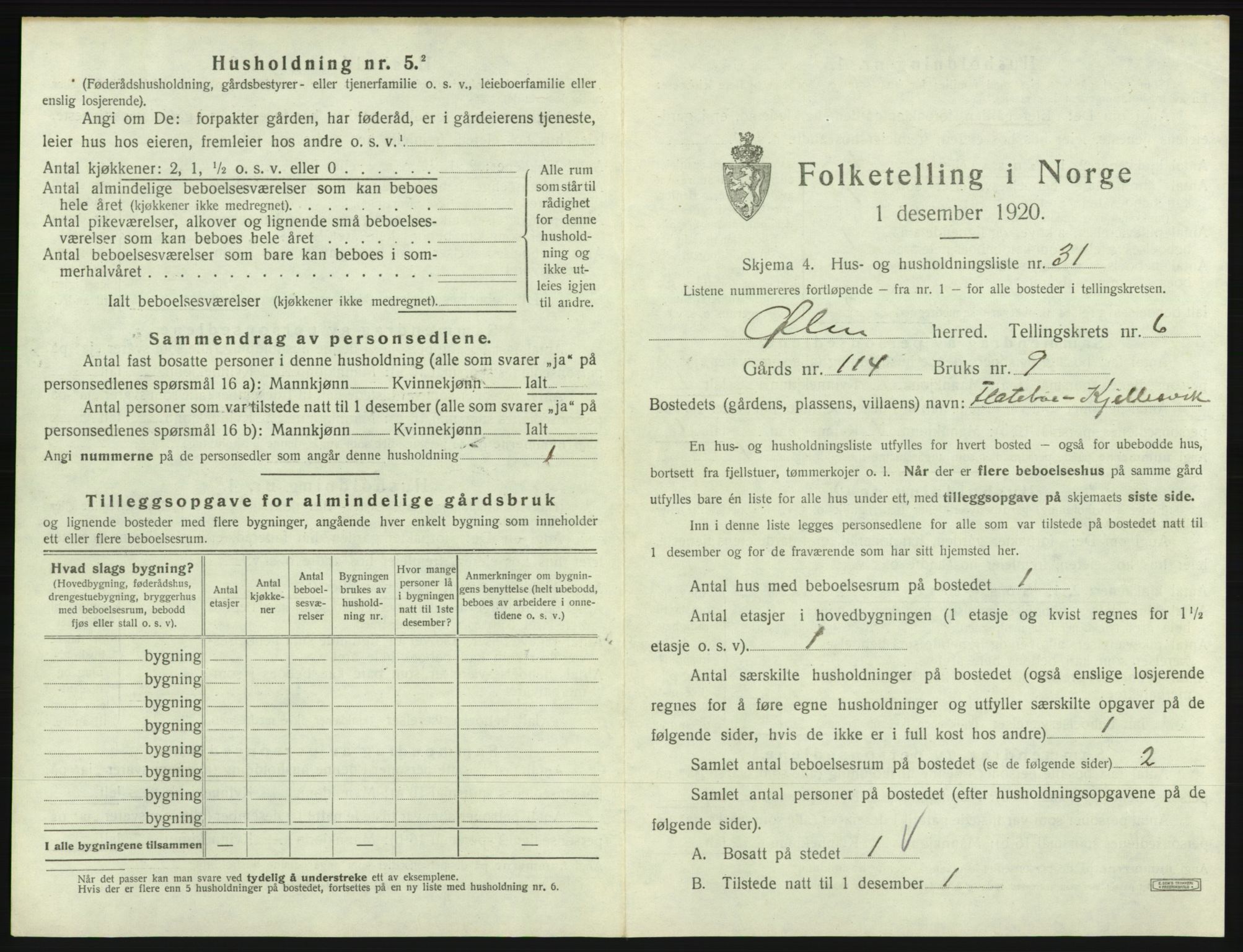 SAB, 1920 census for Ølen, 1920, p. 508