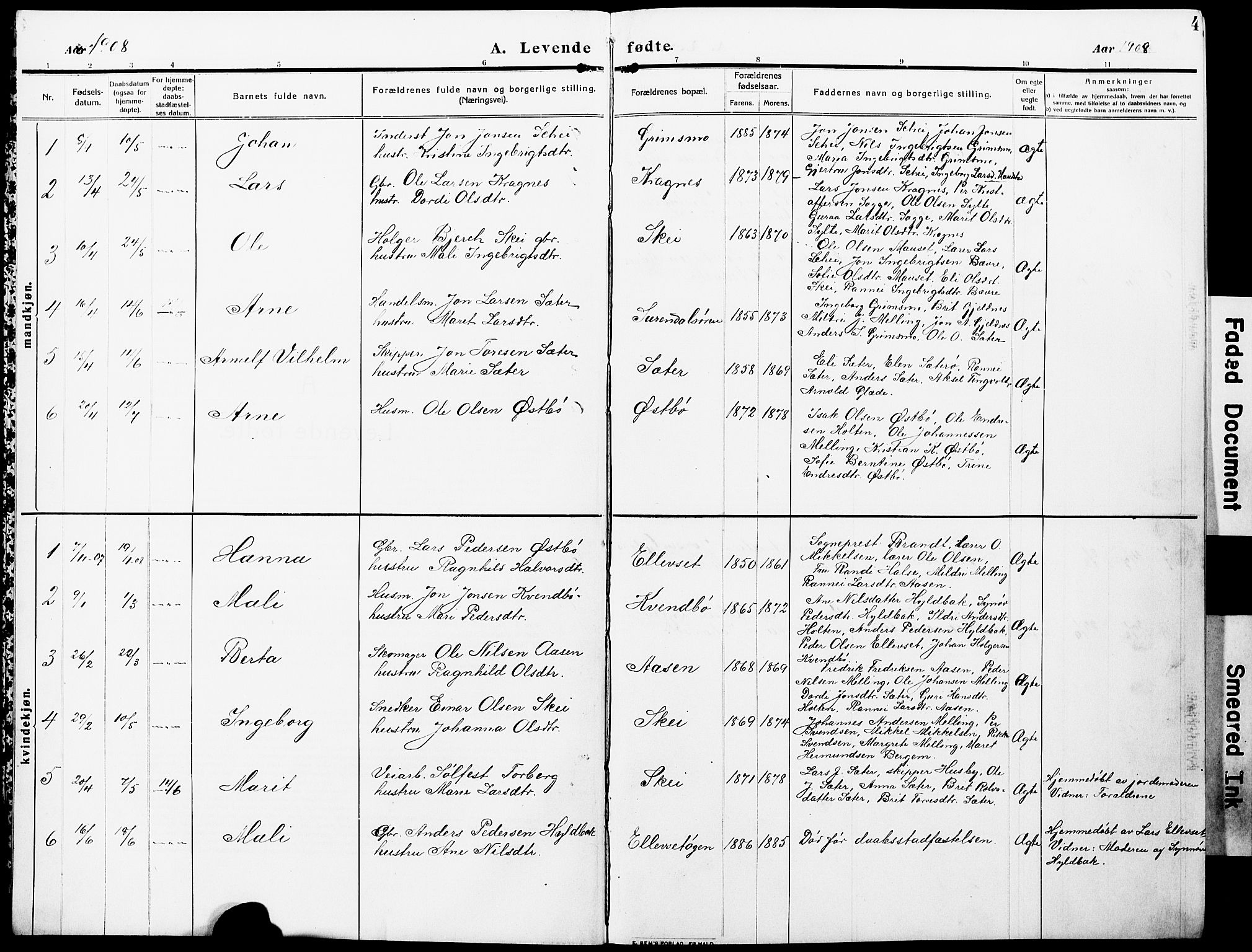 Ministerialprotokoller, klokkerbøker og fødselsregistre - Møre og Romsdal, SAT/A-1454/596/L1059: Parish register (copy) no. 596C02, 1908-1922, p. 4
