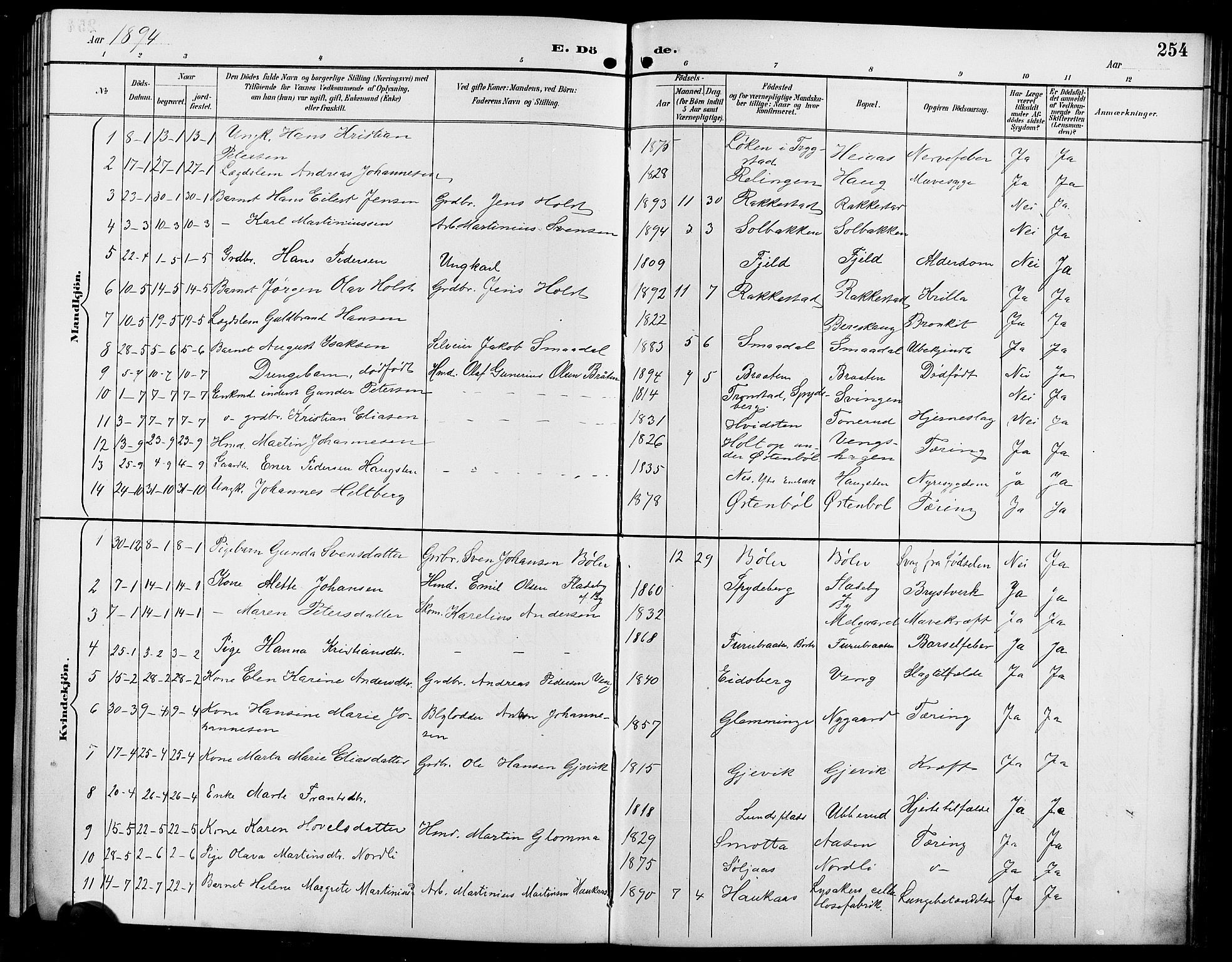 Enebakk prestekontor Kirkebøker, AV/SAO-A-10171c/G/Ga/L0006: Parish register (copy) no. I 6, 1889-1911, p. 254