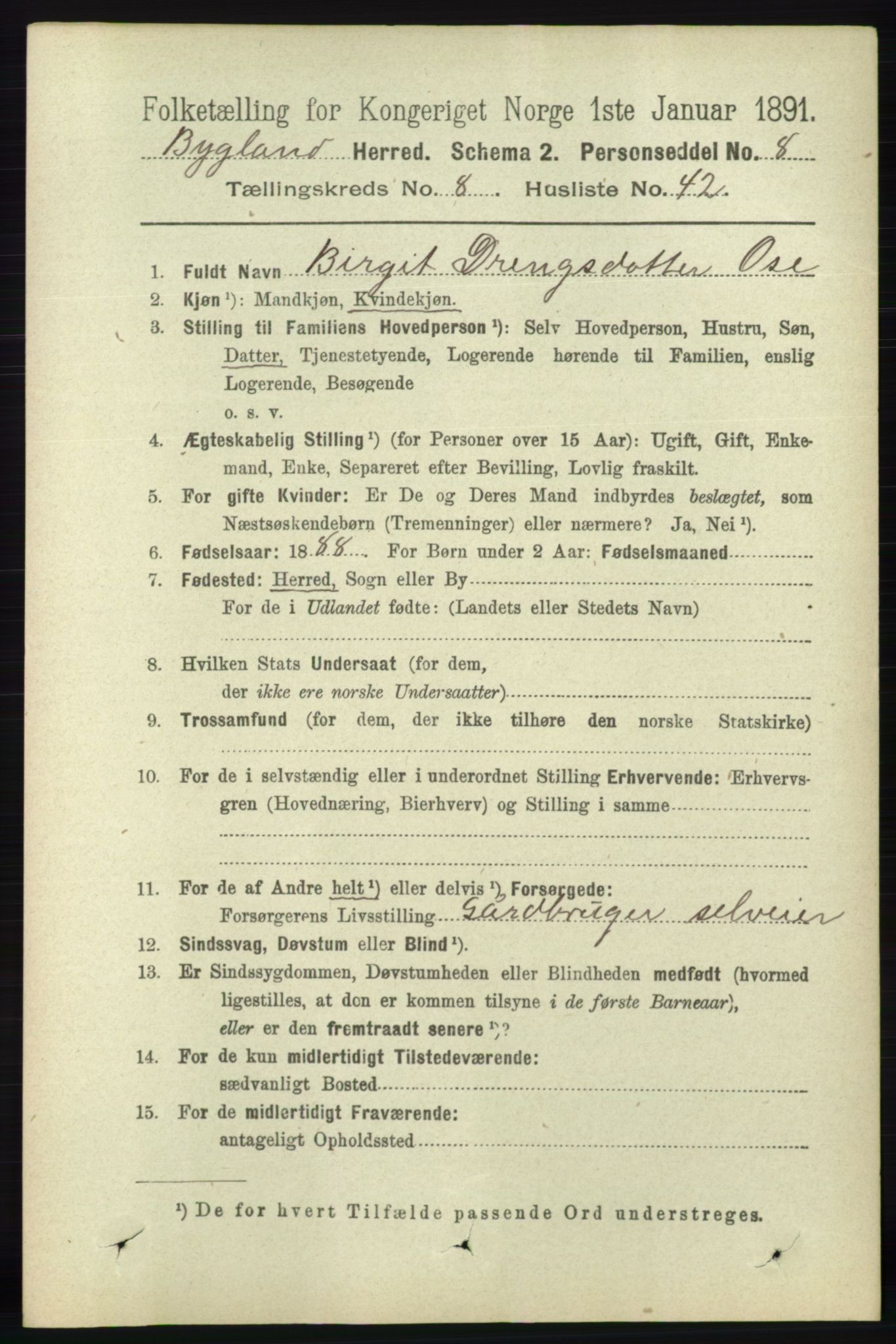 RA, 1891 census for 0938 Bygland, 1891, p. 2172