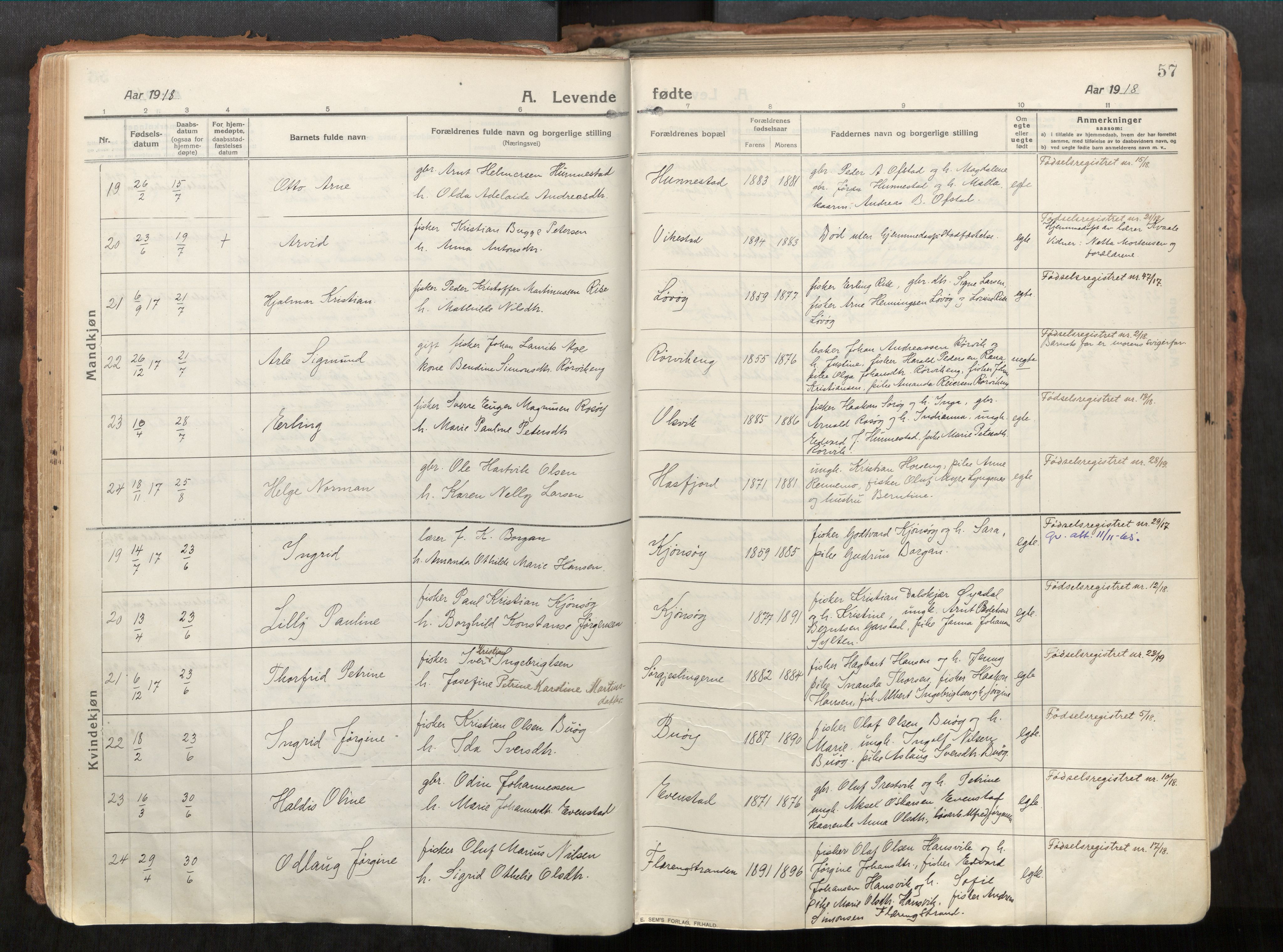 Vikna sokneprestkontor, AV/SAT-A-1173/1/I/I1/I1a/L0001: Parish register (official) no. 1, 1913-1934, p. 57