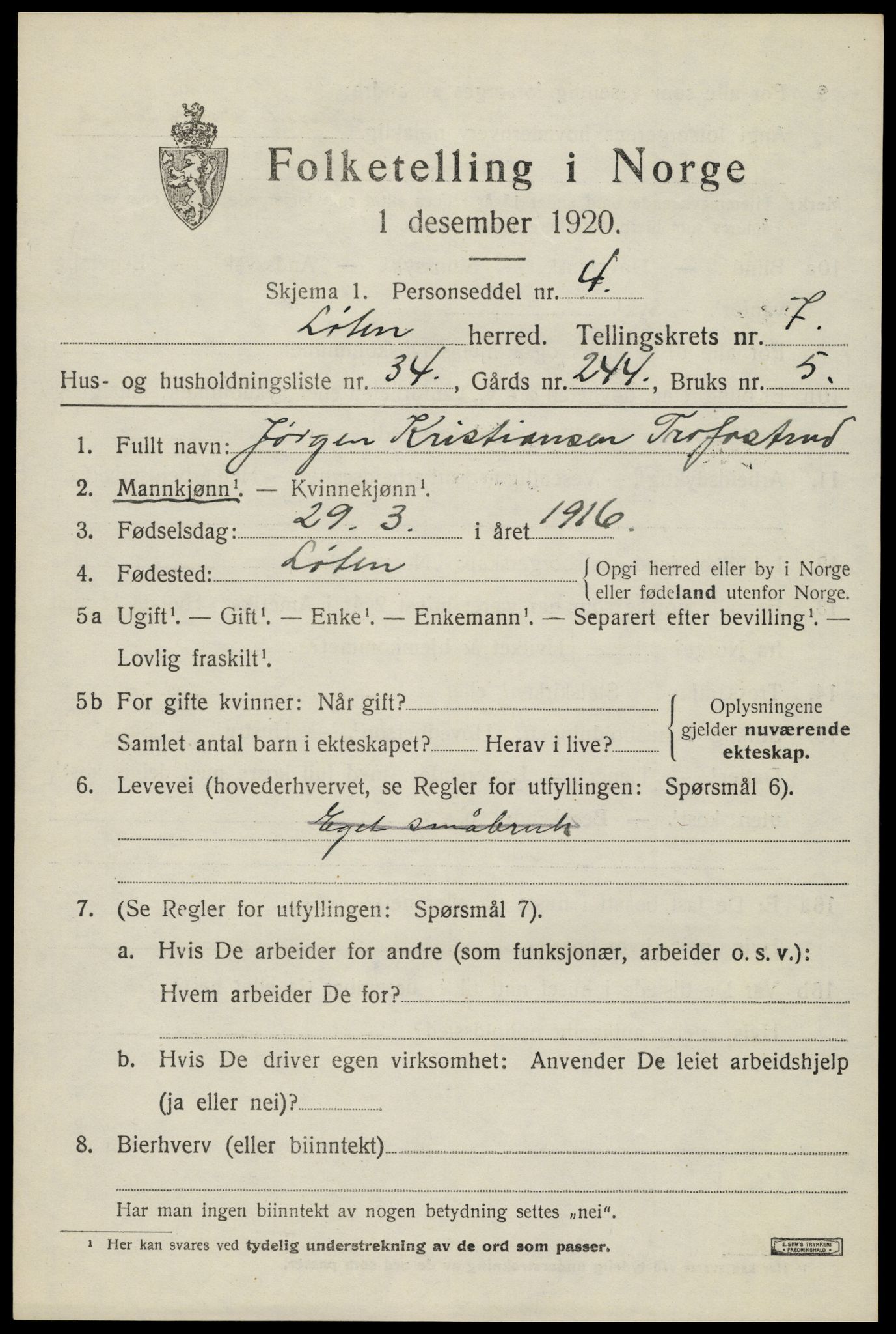 SAH, 1920 census for Løten, 1920, p. 14217