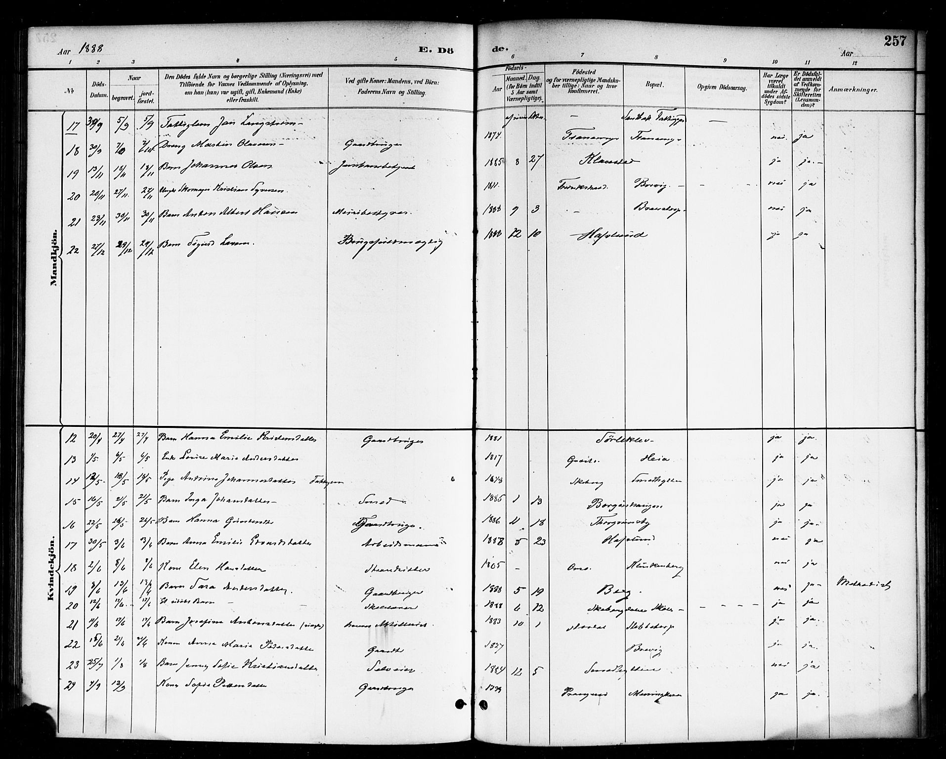 Skjeberg prestekontor Kirkebøker, AV/SAO-A-10923/F/Fa/L0009: Parish register (official) no. I 9, 1886-1897, p. 257