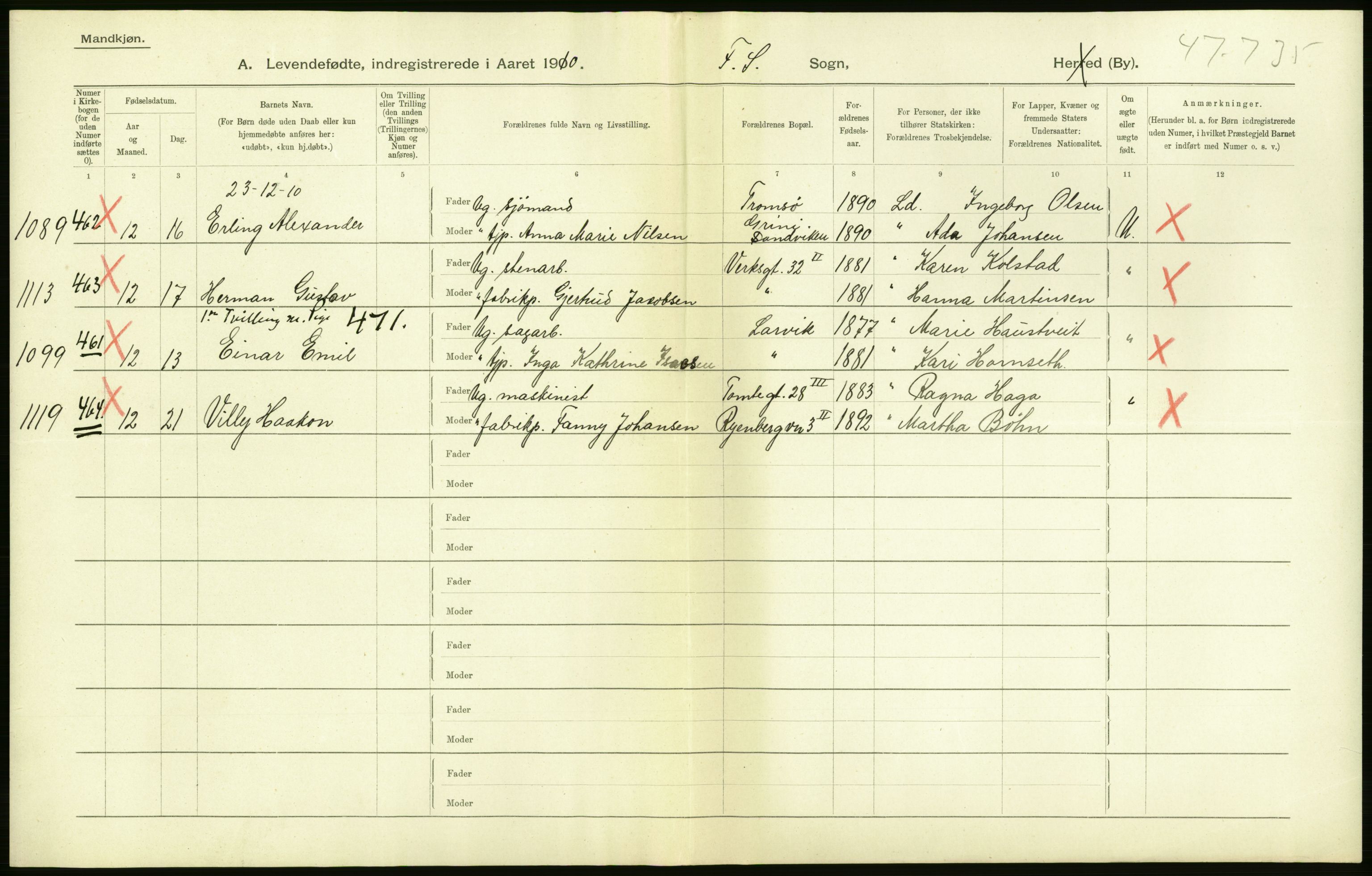Statistisk sentralbyrå, Sosiodemografiske emner, Befolkning, AV/RA-S-2228/D/Df/Dfa/Dfah/L0006: Kristiania: Levendefødte menn., 1910, p. 30