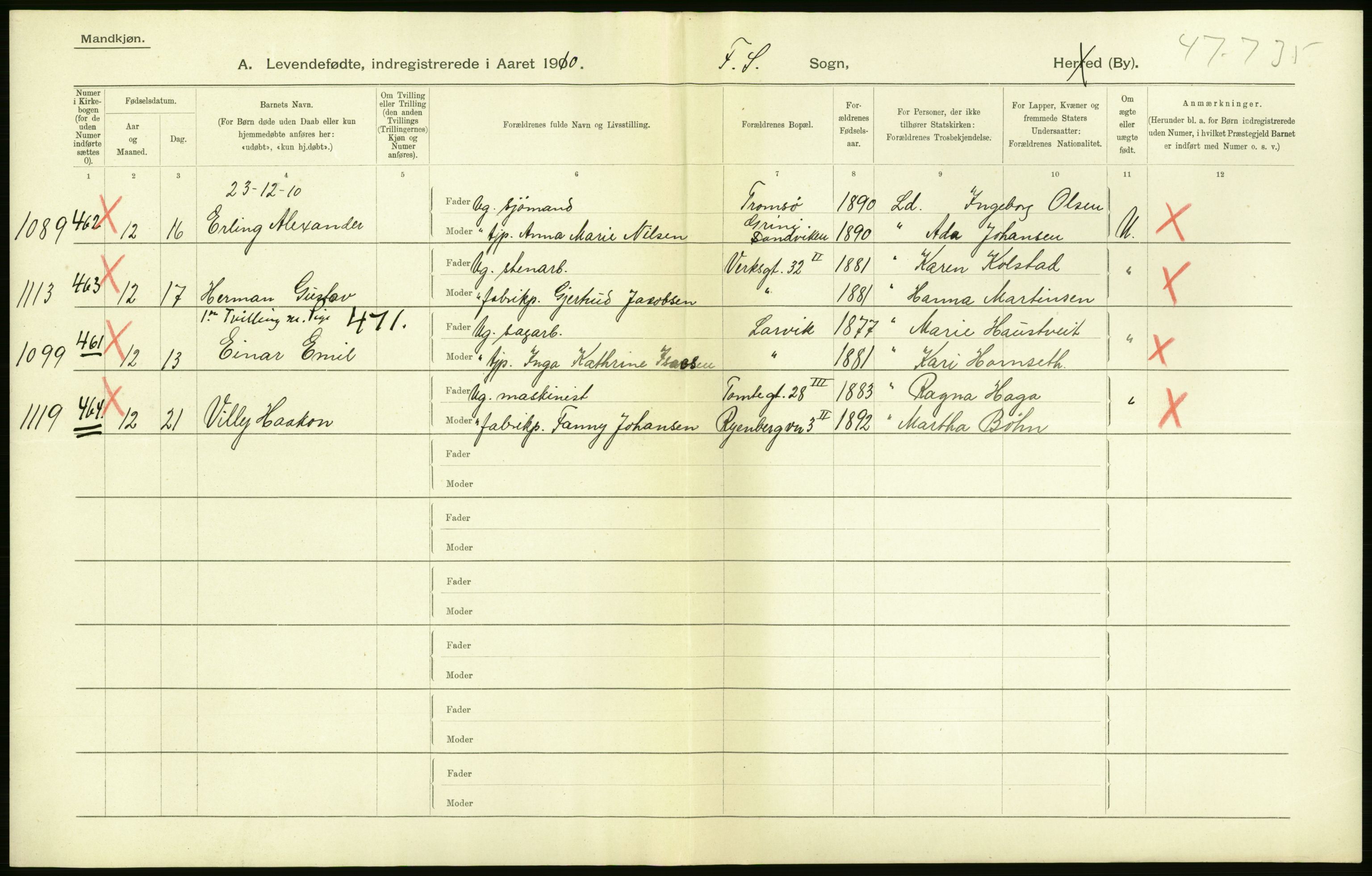 Statistisk sentralbyrå, Sosiodemografiske emner, Befolkning, RA/S-2228/D/Df/Dfa/Dfah/L0006: Kristiania: Levendefødte menn., 1910, p. 30