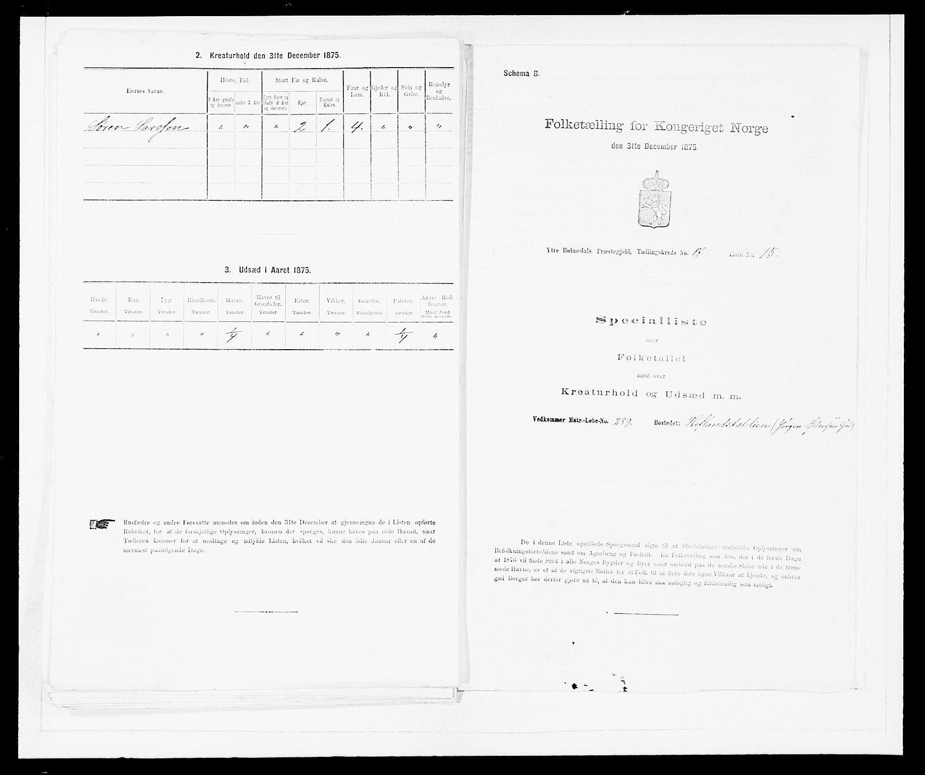 SAB, 1875 census for 1429P Ytre Holmedal, 1875, p. 1143