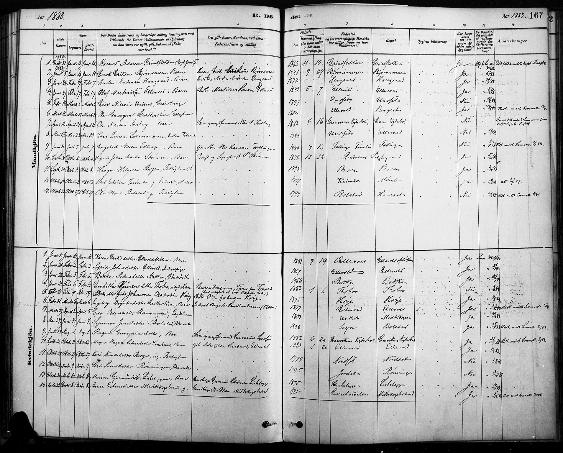Rendalen prestekontor, SAH/PREST-054/H/Ha/Haa/L0009: Parish register (official) no. 9, 1878-1901, p. 167