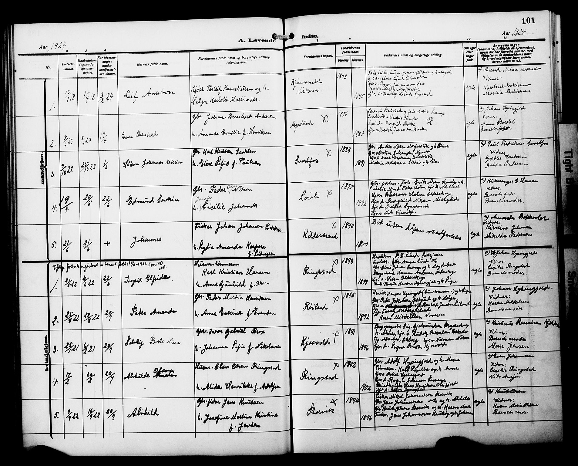 Skjervøy sokneprestkontor, AV/SATØ-S-1300/H/Ha/Hab/L0022klokker: Parish register (copy) no. 22, 1910-1926, p. 101