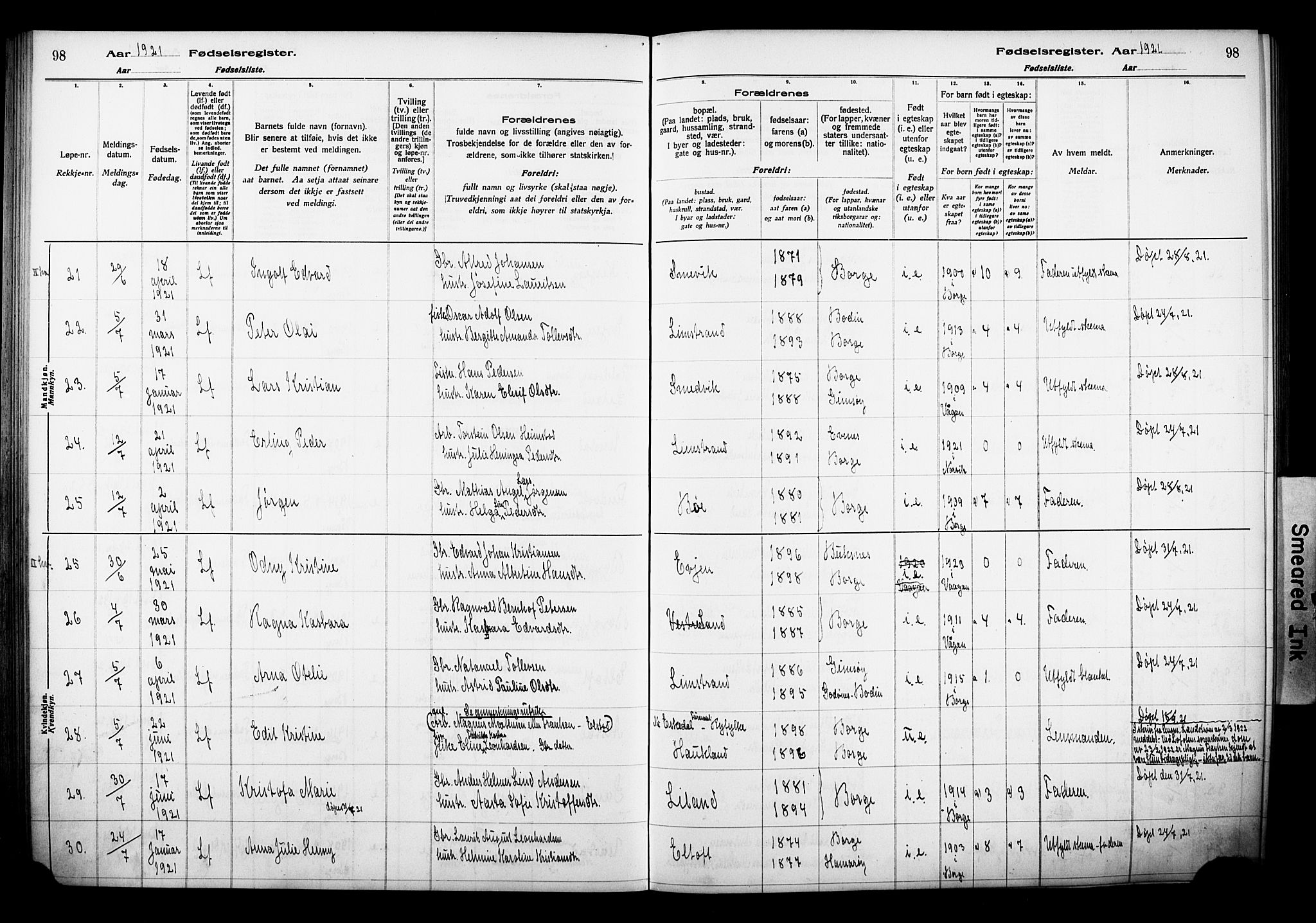 Ministerialprotokoller, klokkerbøker og fødselsregistre - Nordland, AV/SAT-A-1459/880/L1145: Birth register no. 880.II.4.1, 1916-1929, p. 98