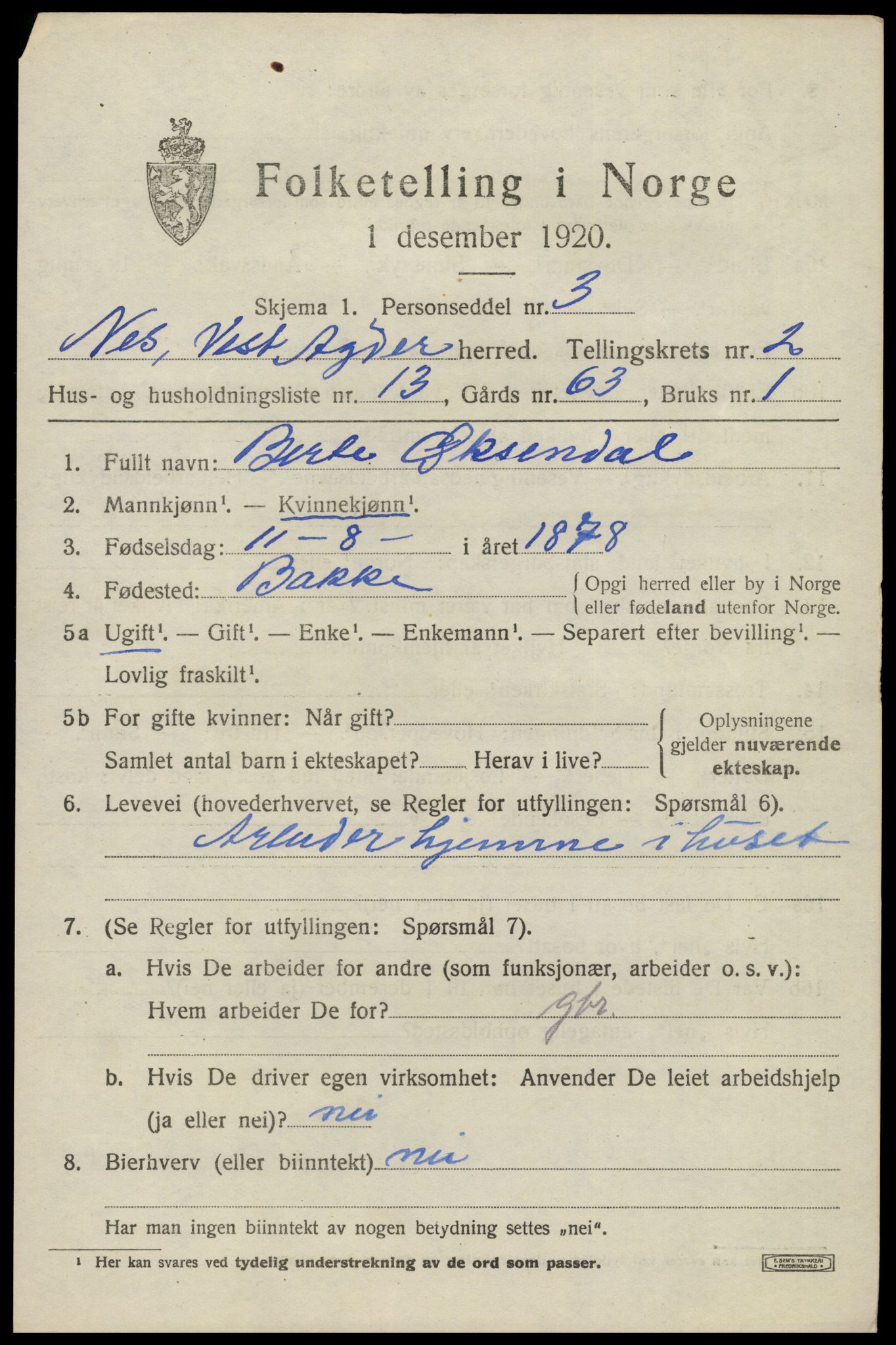 SAK, 1920 census for Nes (V-A), 1920, p. 1528