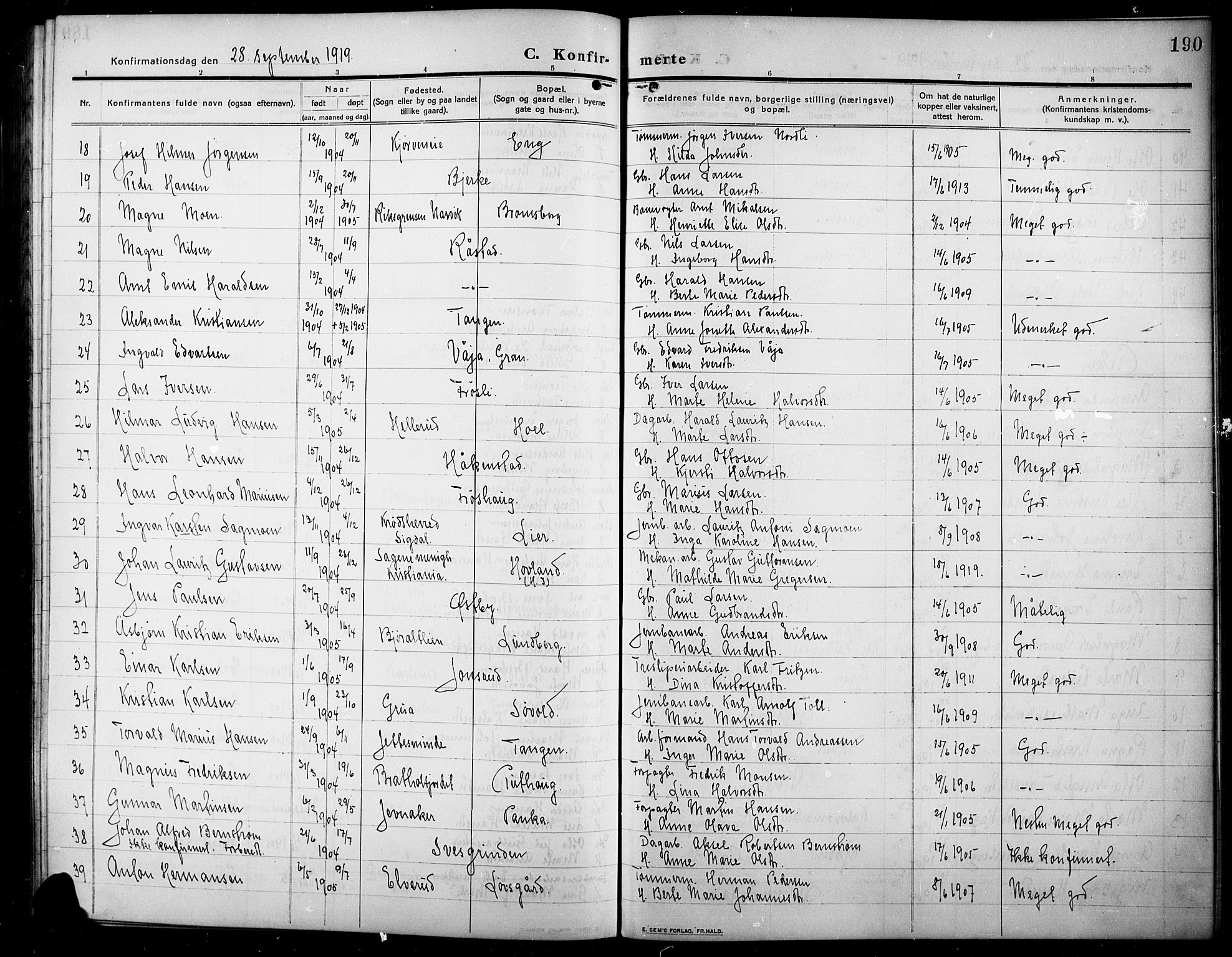 Lunner prestekontor, SAH/PREST-118/H/Ha/Hab/L0001: Parish register (copy) no. 1, 1909-1922, p. 190