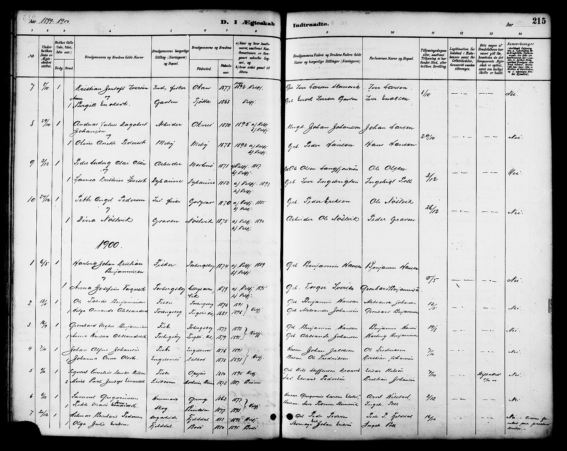 Ministerialprotokoller, klokkerbøker og fødselsregistre - Nordland, SAT/A-1459/814/L0230: Parish register (copy) no. 814C03, 1884-1911, p. 215