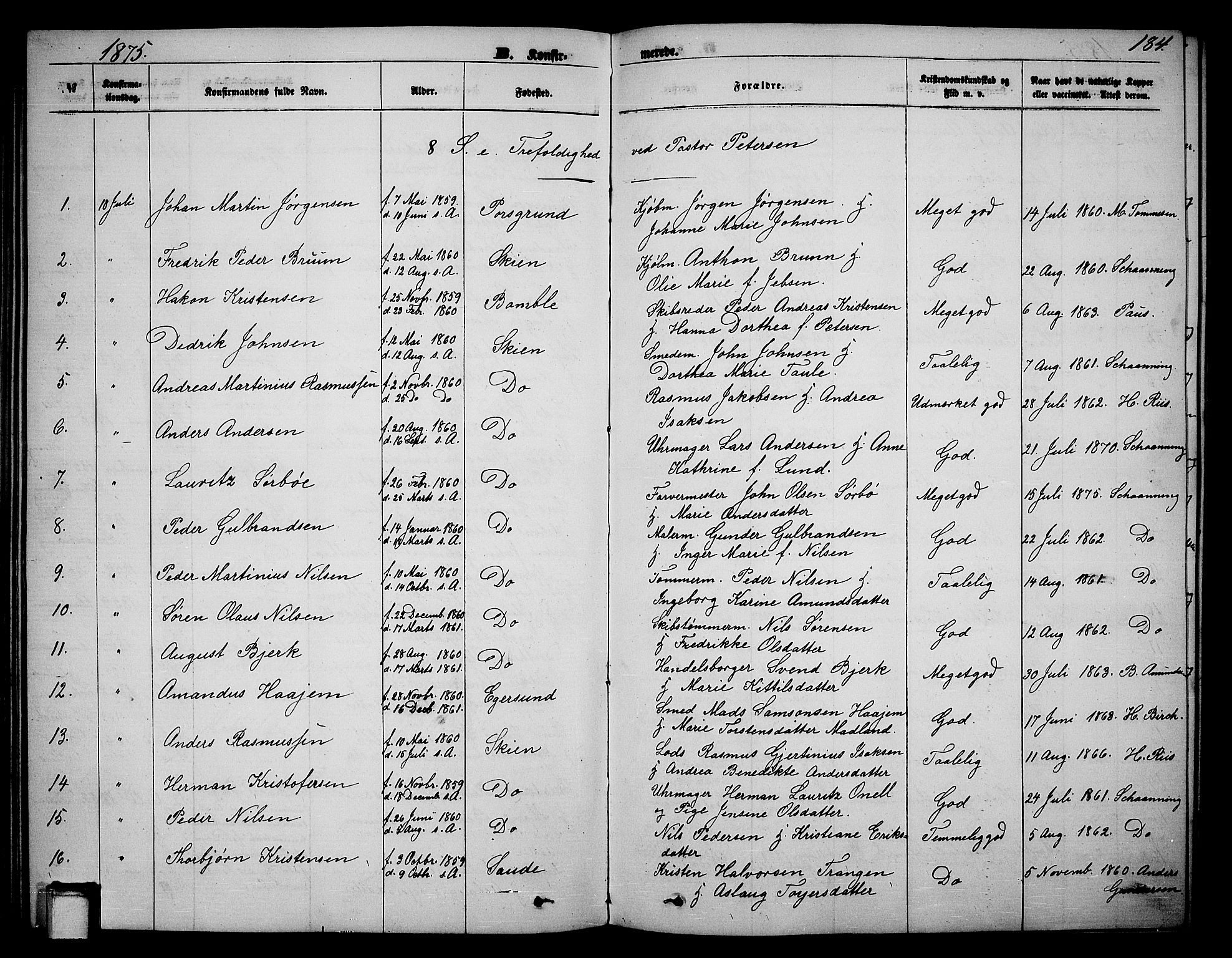 Skien kirkebøker, SAKO/A-302/G/Ga/L0005: Parish register (copy) no. 5, 1868-1880, p. 184