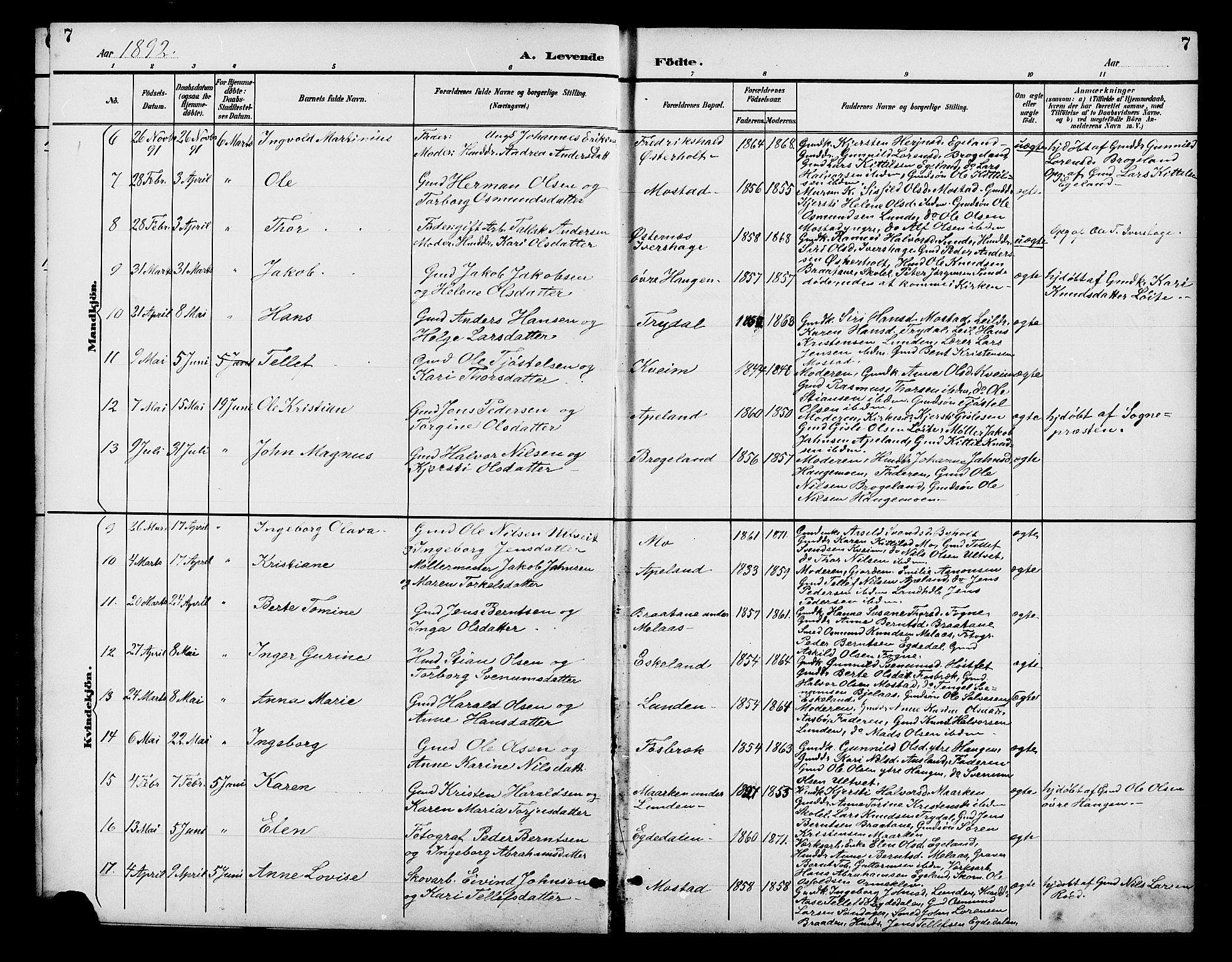 Gjerstad sokneprestkontor, SAK/1111-0014/F/Fb/Fba/L0007: Parish register (copy) no. B 7, 1891-1908, p. 7