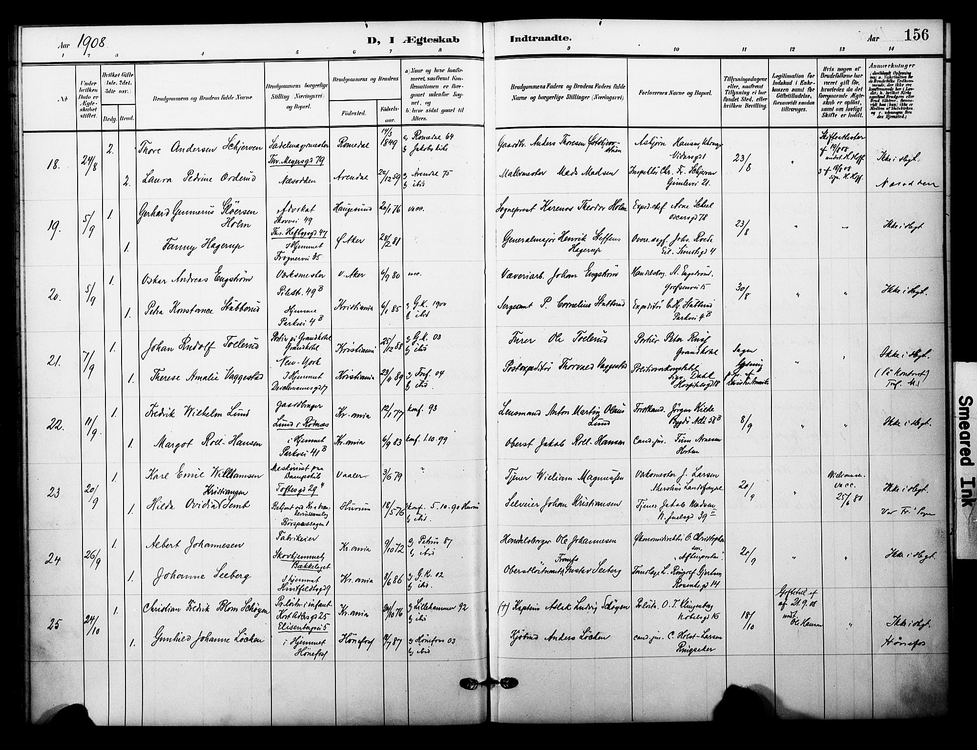 Garnisonsmenigheten Kirkebøker, SAO/A-10846/F/Fa/L0014: Parish register (official) no. 14, 1905-1914, p. 156