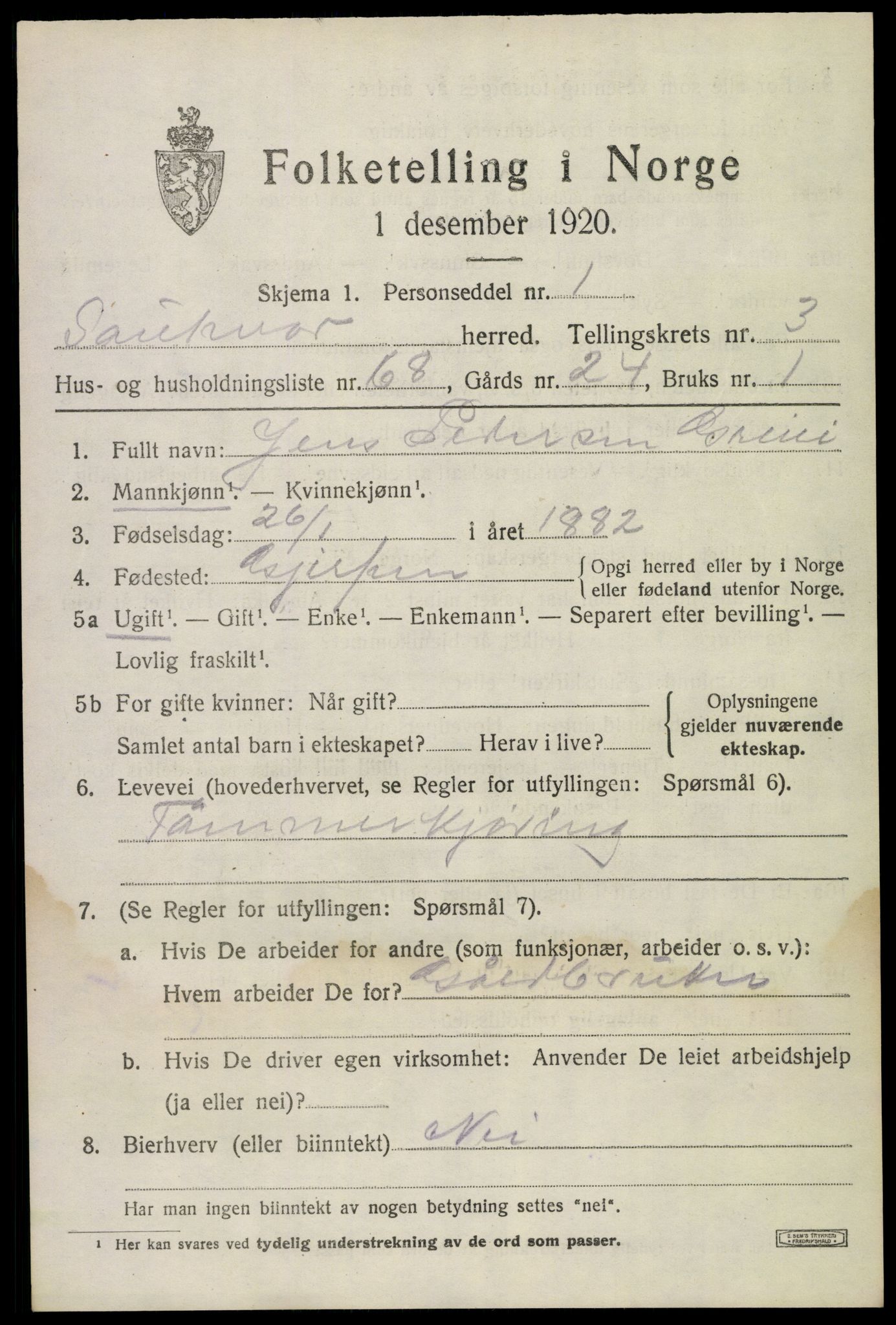 SAKO, 1920 census for Sauherad, 1920, p. 3601