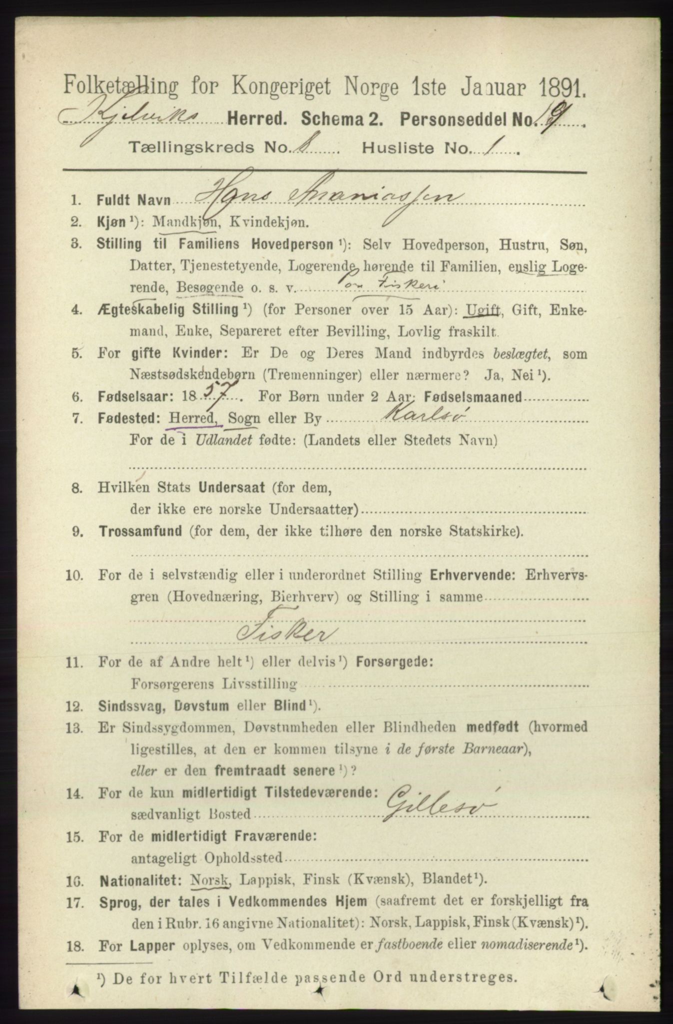 RA, 1891 census for 2019 Kjelvik, 1891, p. 1193
