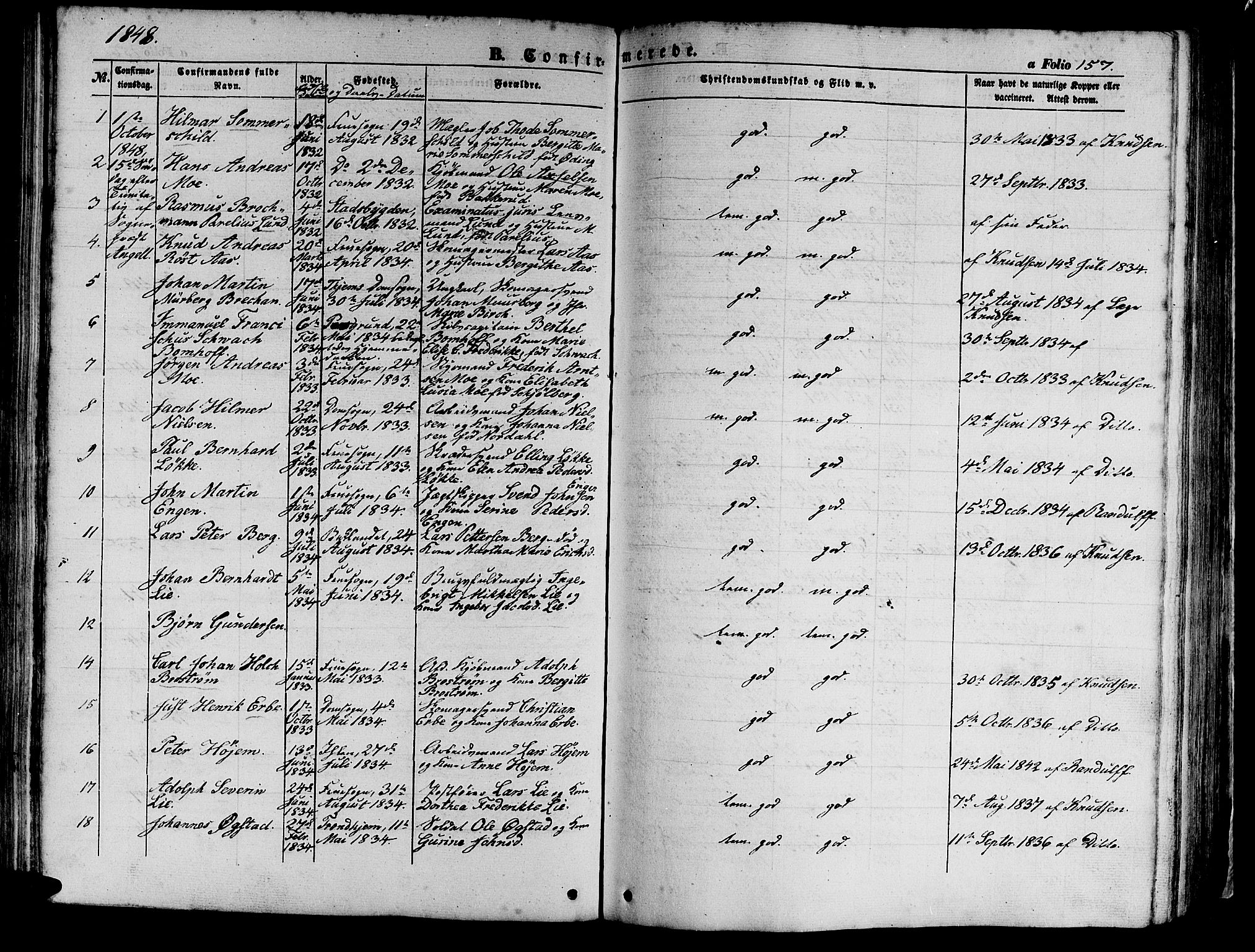 Ministerialprotokoller, klokkerbøker og fødselsregistre - Sør-Trøndelag, AV/SAT-A-1456/602/L0137: Parish register (copy) no. 602C05, 1846-1856, p. 157