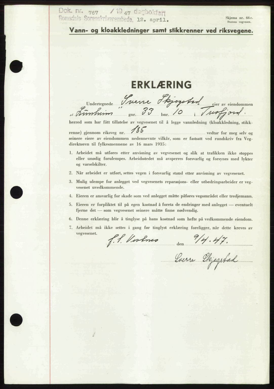 Romsdal sorenskriveri, SAT/A-4149/1/2/2C: Mortgage book no. A22, 1947-1947, Diary no: : 767/1947