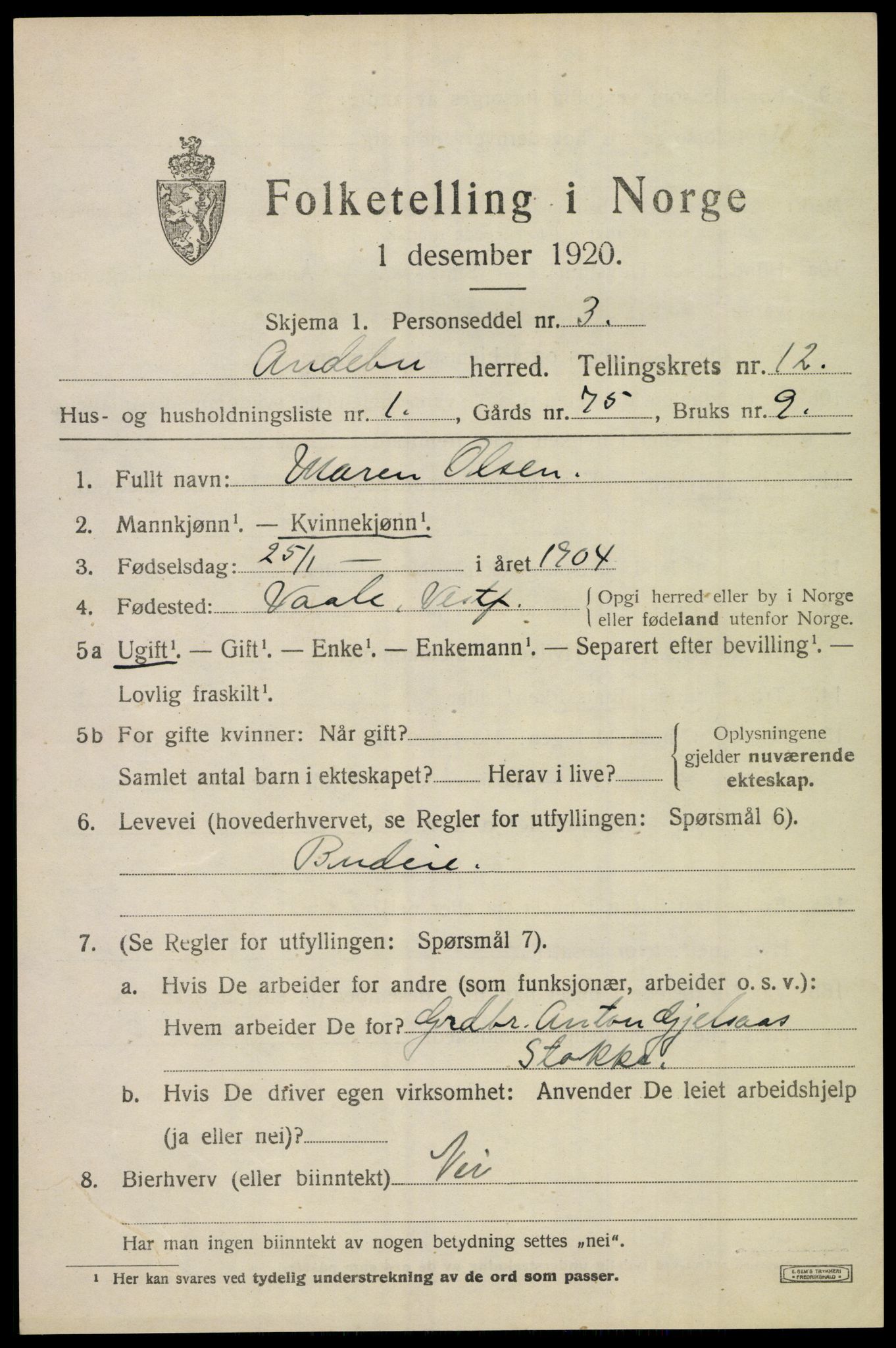 SAKO, 1920 census for Andebu, 1920, p. 4476