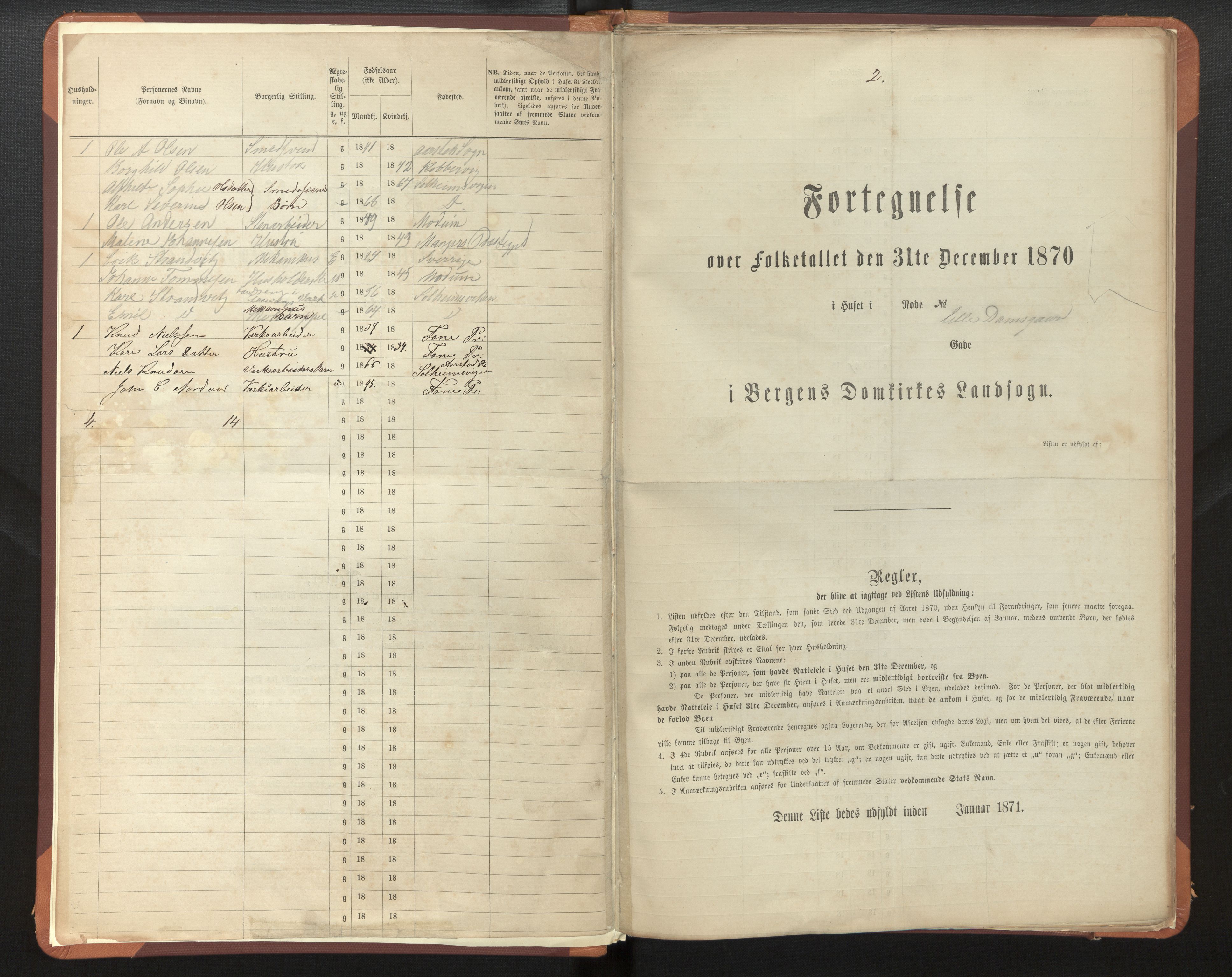 SAB, 1870 census for Bergen rural district, Domkirken local parish, 1870, p. 2