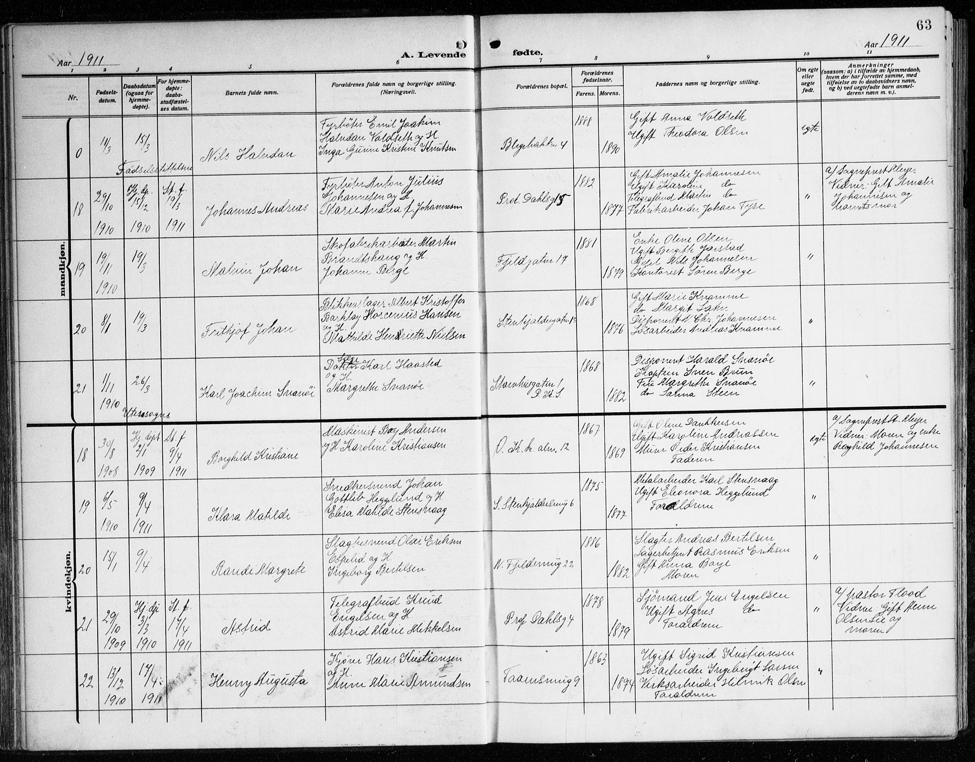 Korskirken sokneprestembete, SAB/A-76101/H/Haa: Parish register (official) no. B 10, 1909-1923, p. 63