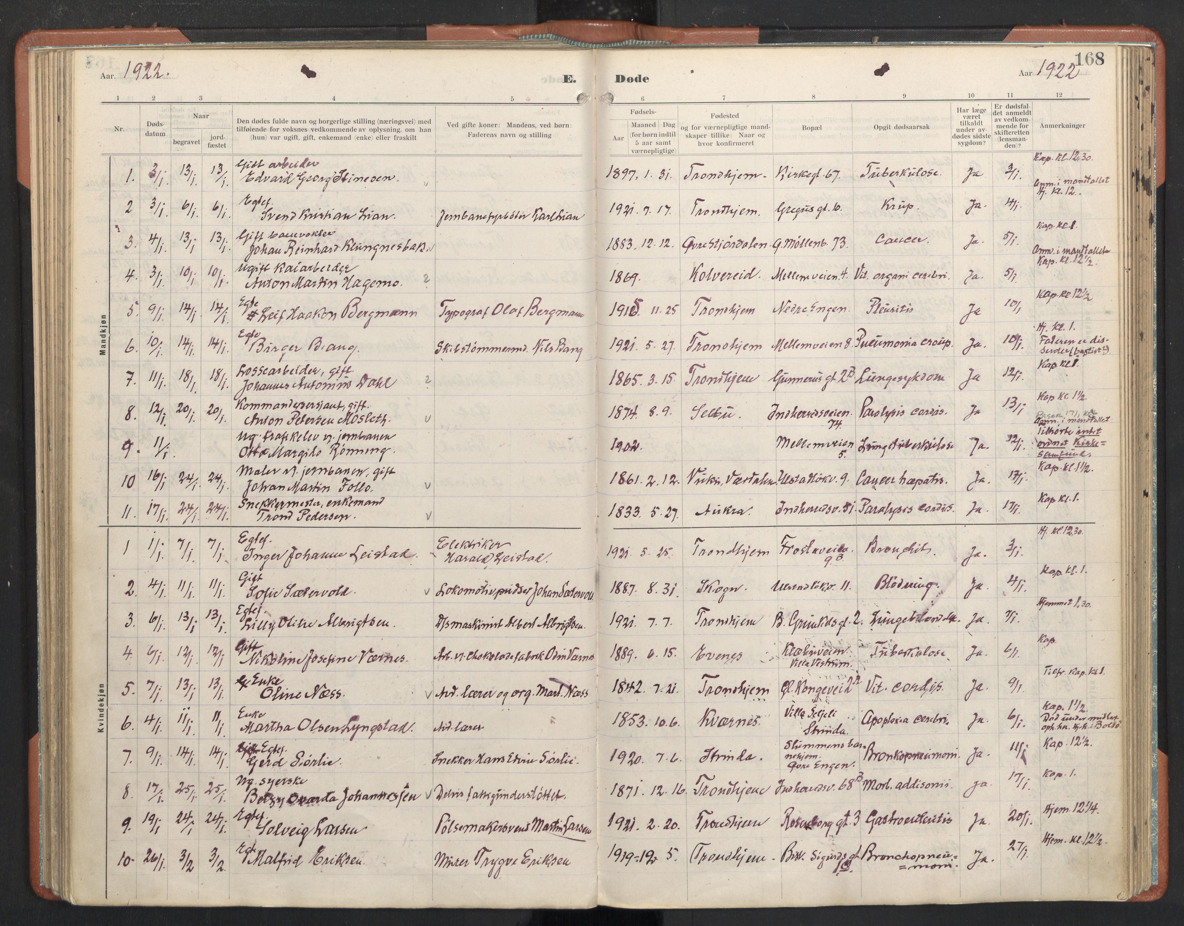 Ministerialprotokoller, klokkerbøker og fødselsregistre - Sør-Trøndelag, SAT/A-1456/605/L0245: Parish register (official) no. 605A07, 1916-1938, p. 168