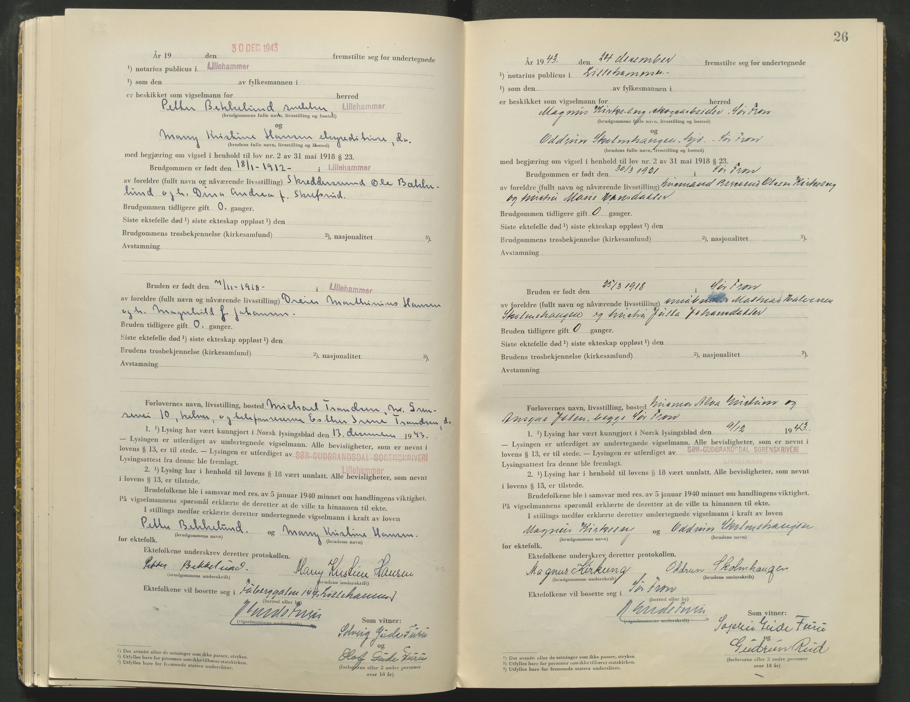 Sør-Gudbrandsdal tingrett, AV/SAH-TING-004/L/Lc/L0004: Vigselsprotokoll, 1943-1944, p. 26