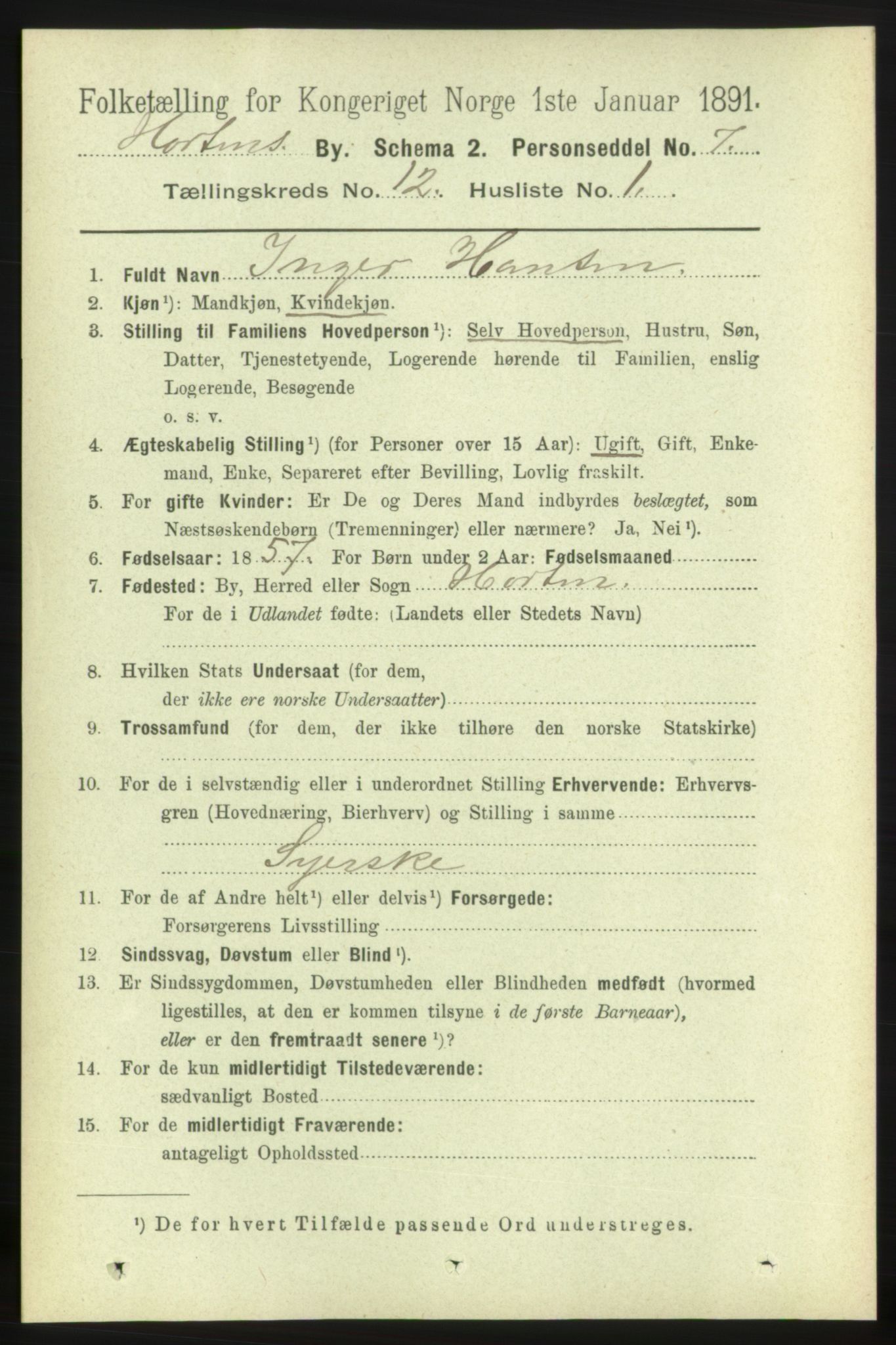 RA, 1891 census for 0703 Horten, 1891, p. 7399