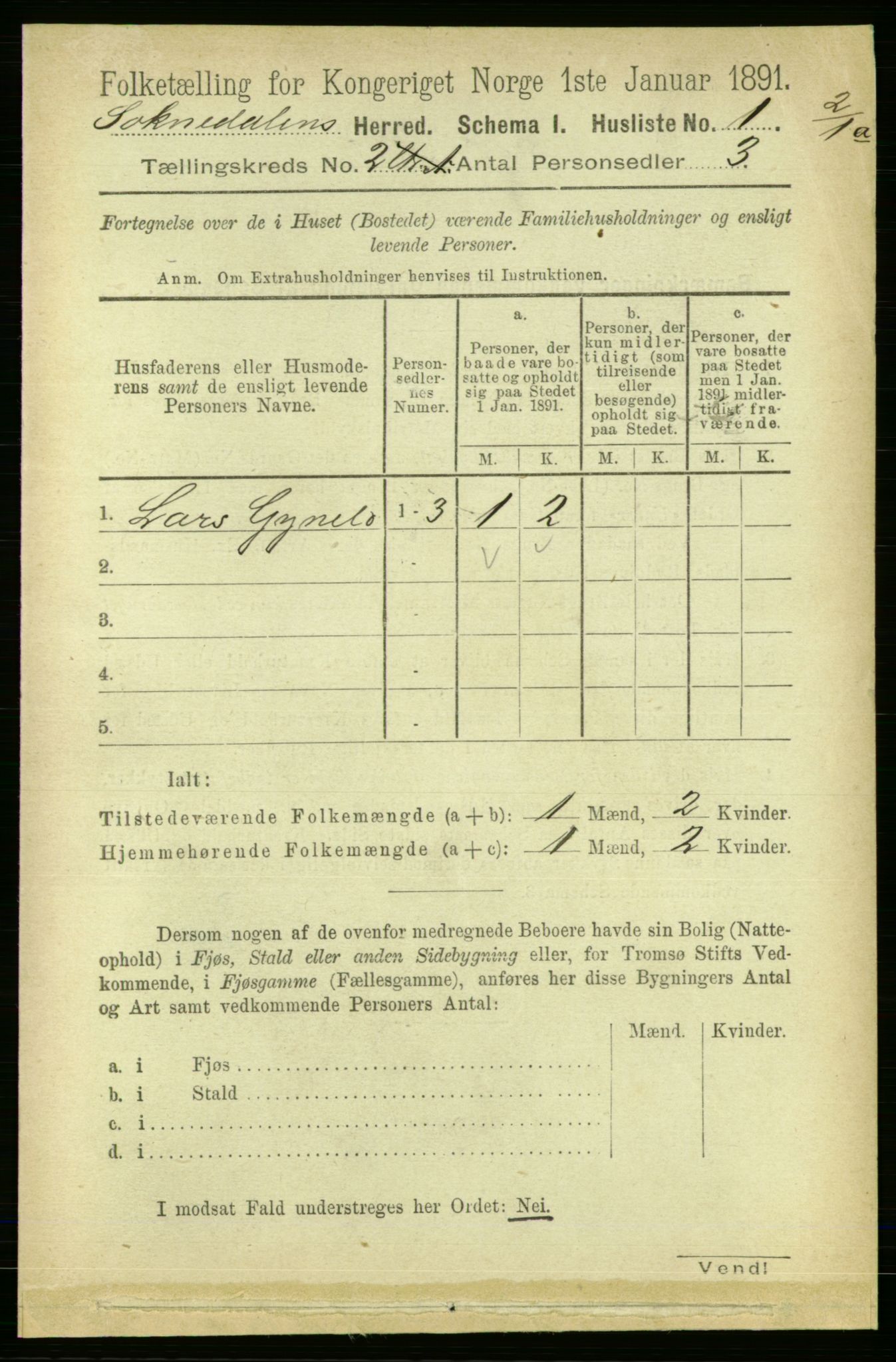 RA, 1891 census for 1649 Soknedal, 1891, p. 425