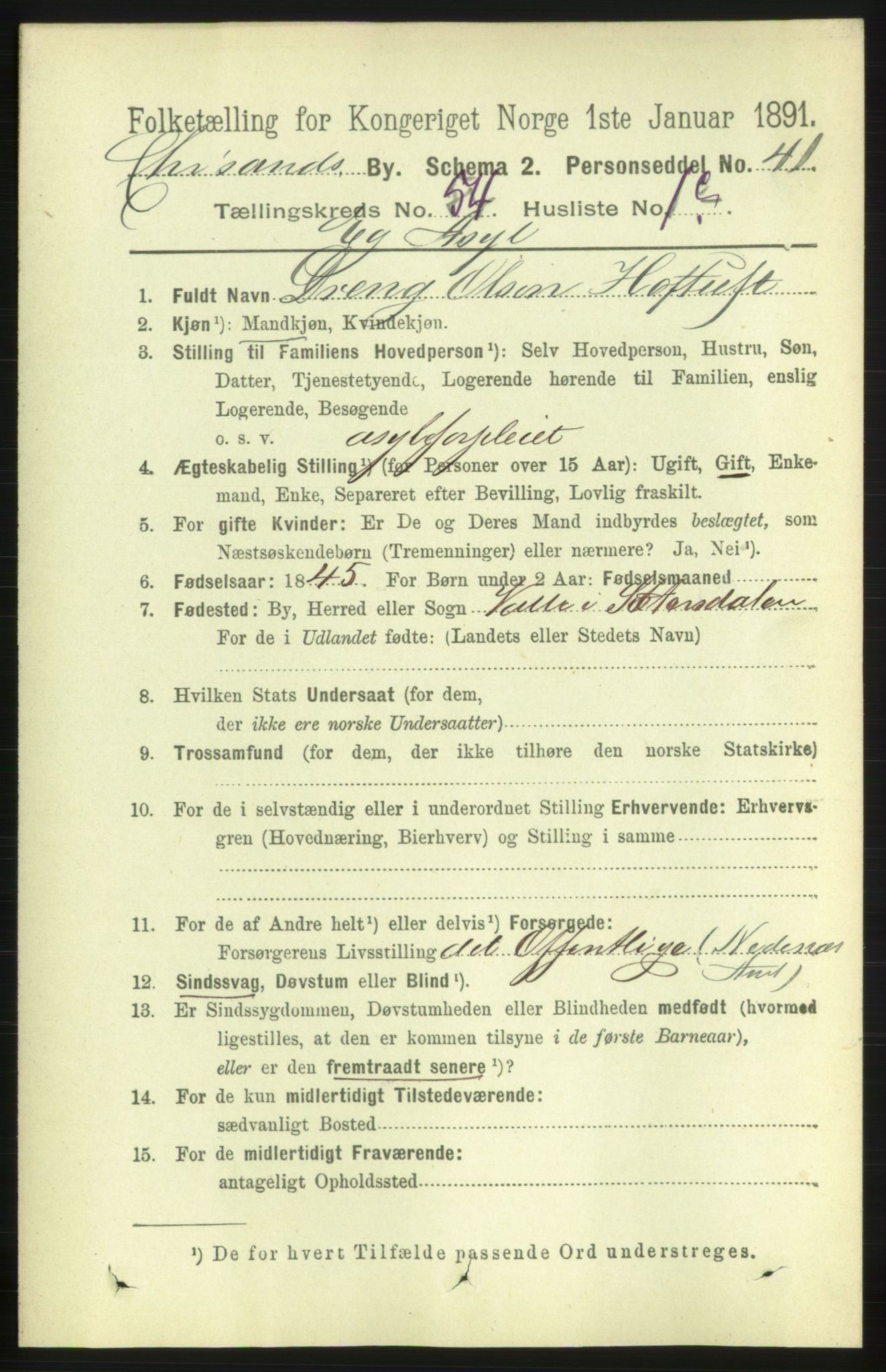 RA, 1891 census for 1001 Kristiansand, 1891, p. 15456