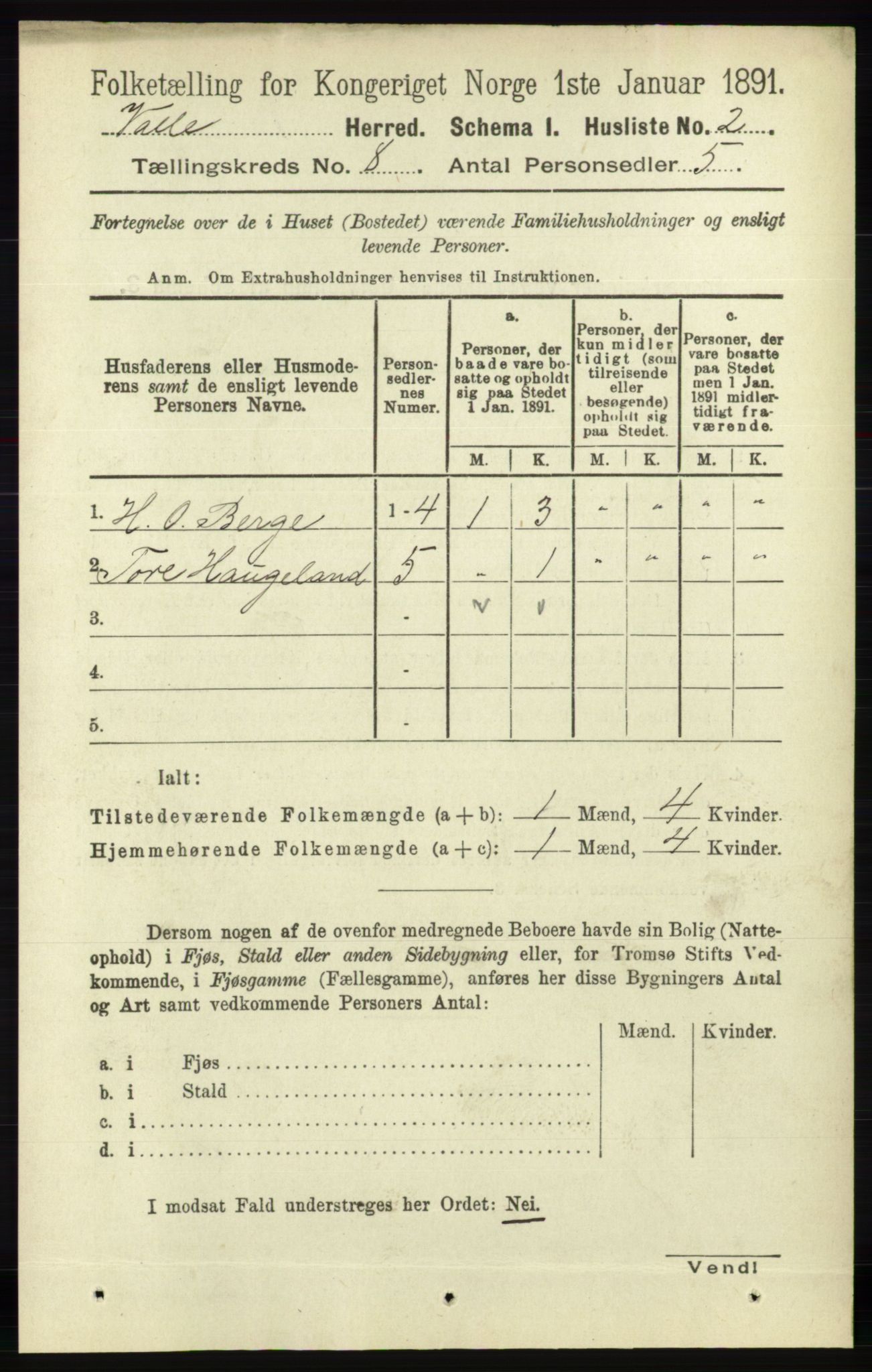 RA, 1891 census for 0940 Valle, 1891, p. 2213