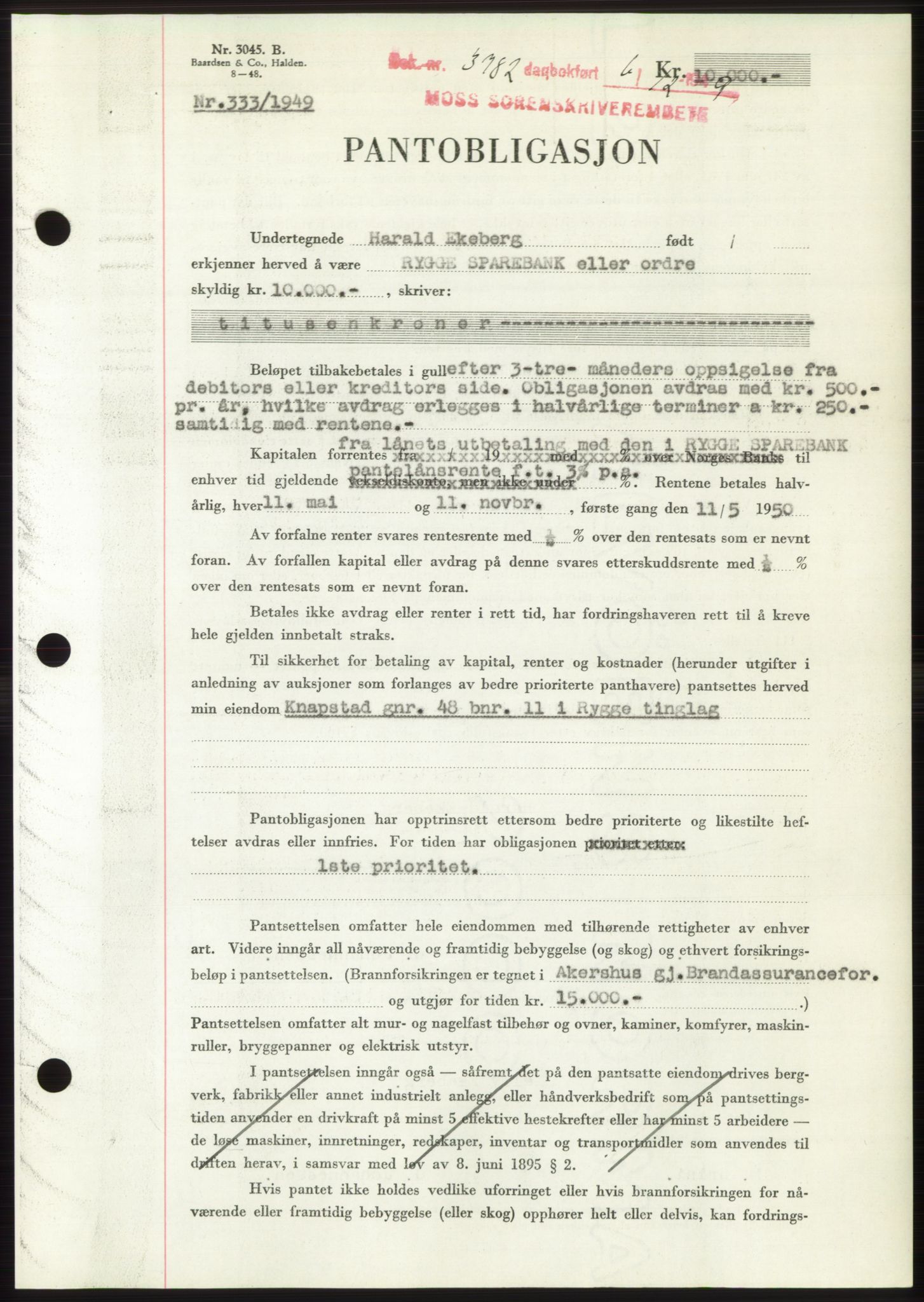 Moss sorenskriveri, SAO/A-10168: Mortgage book no. B23, 1949-1950, Diary no: : 3782/1949