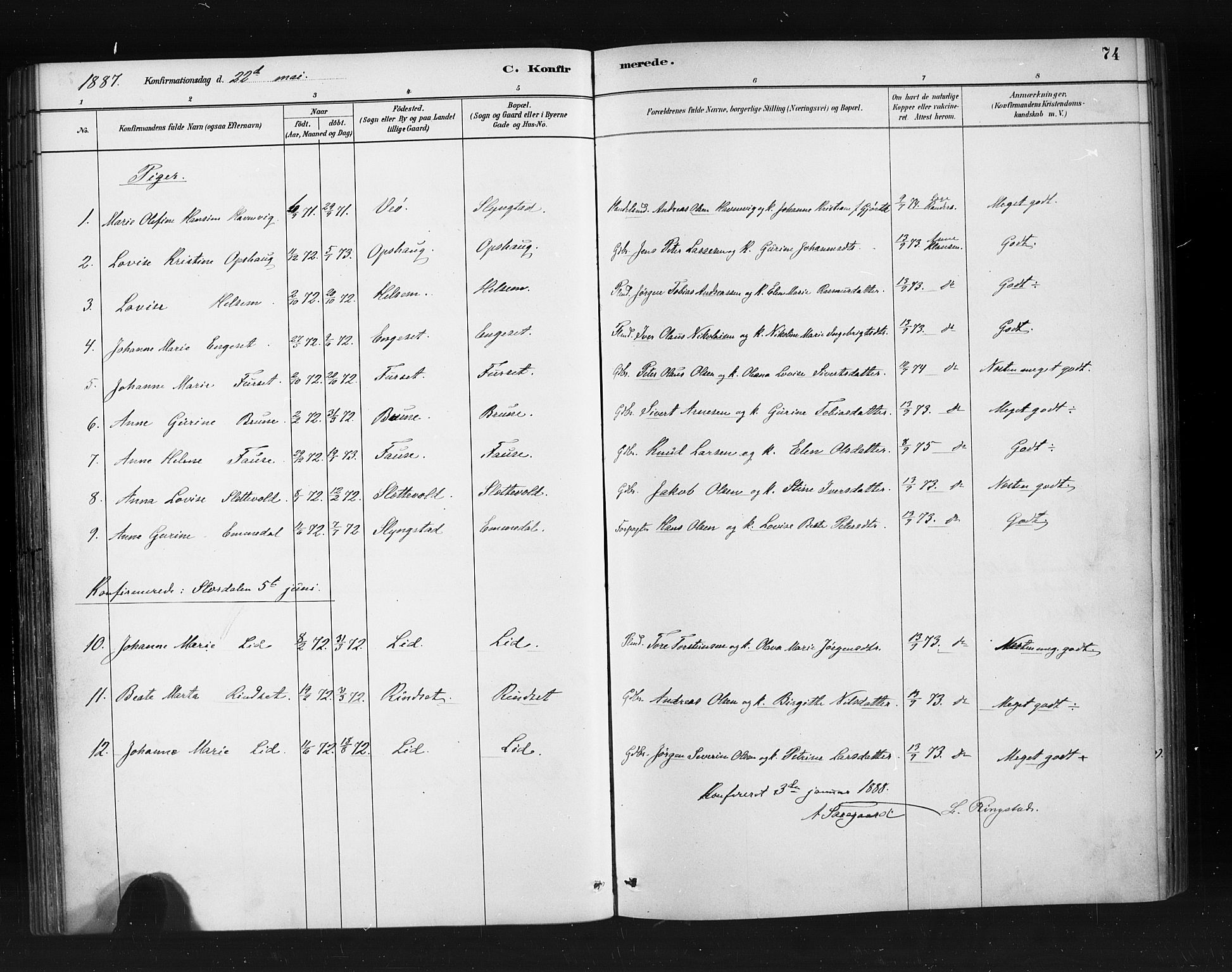 Ministerialprotokoller, klokkerbøker og fødselsregistre - Møre og Romsdal, SAT/A-1454/520/L0283: Parish register (official) no. 520A12, 1882-1898, p. 74