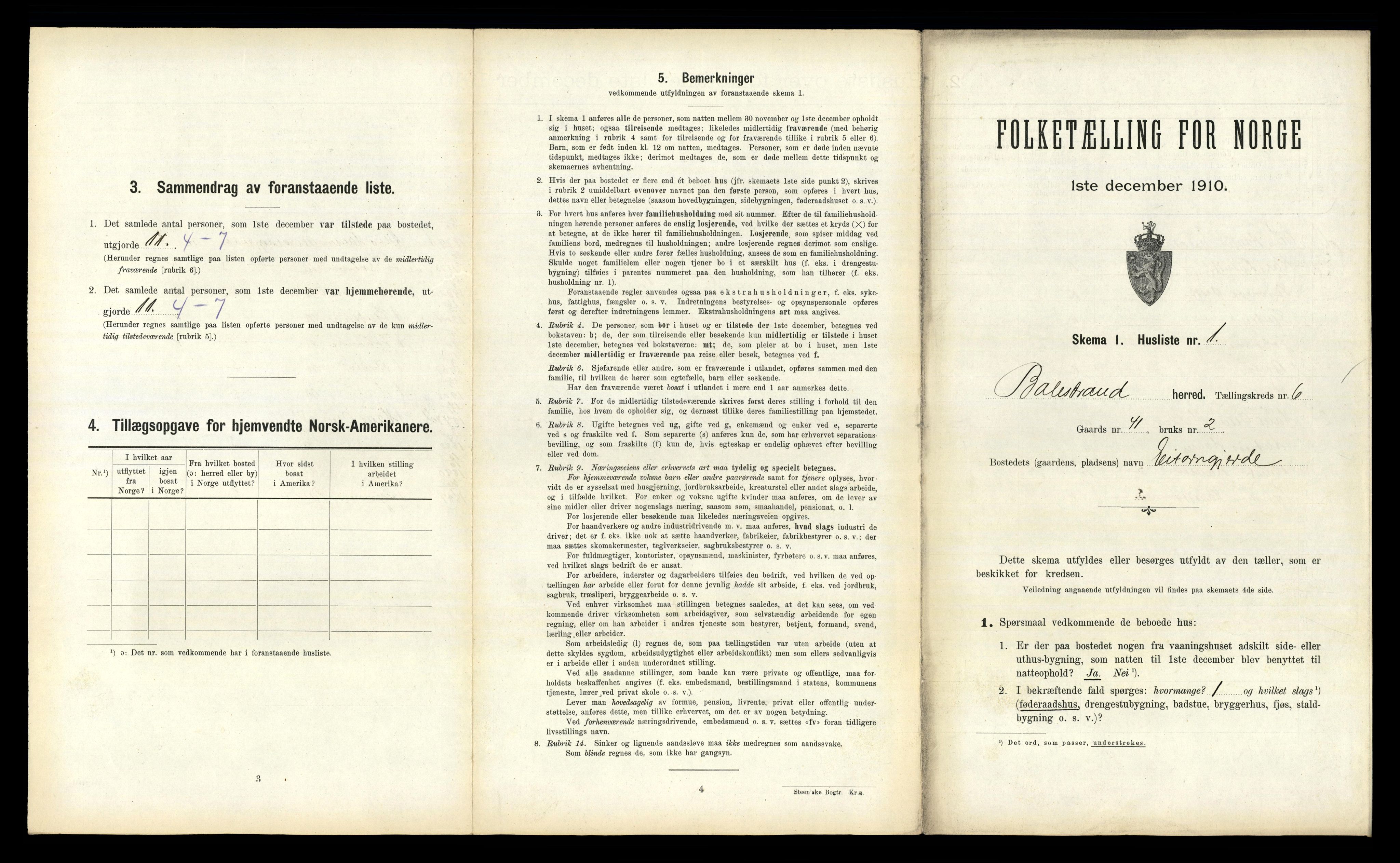 RA, 1910 census for Balestrand, 1910, p. 450