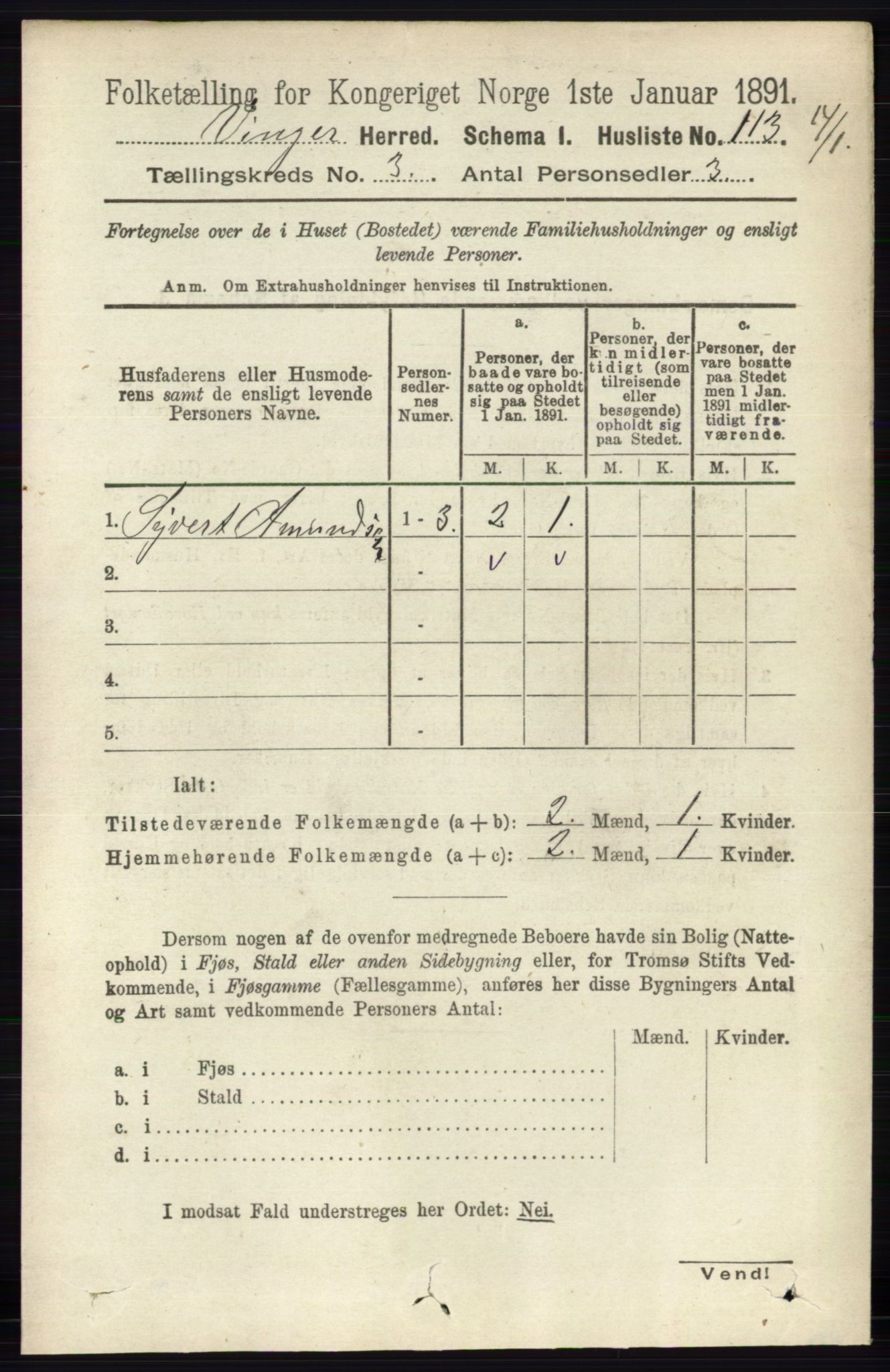RA, 1891 census for 0421 Vinger, 1891, p. 891