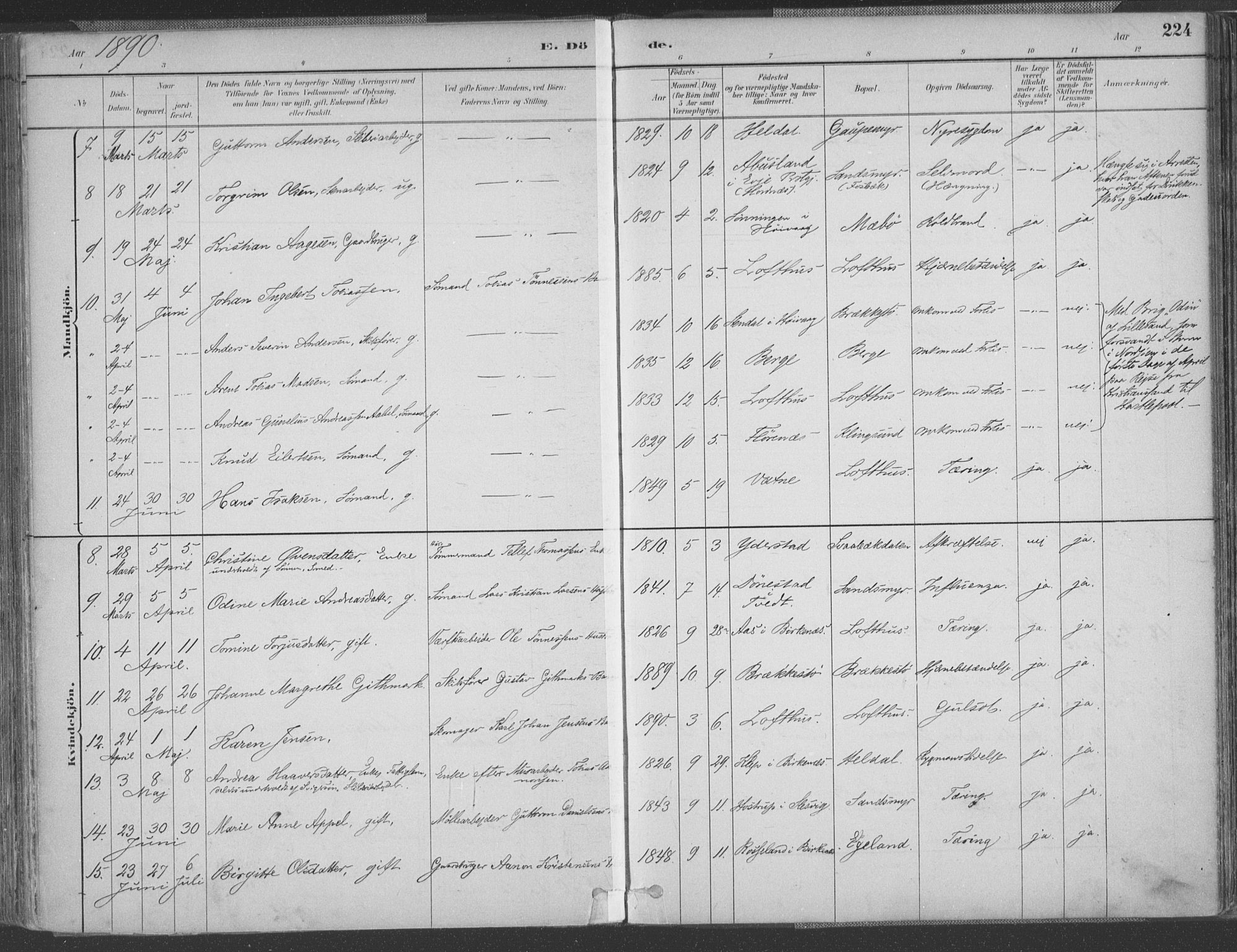 Vestre Moland sokneprestkontor, AV/SAK-1111-0046/F/Fa/Fab/L0009: Parish register (official) no. A 9, 1884-1899, p. 224