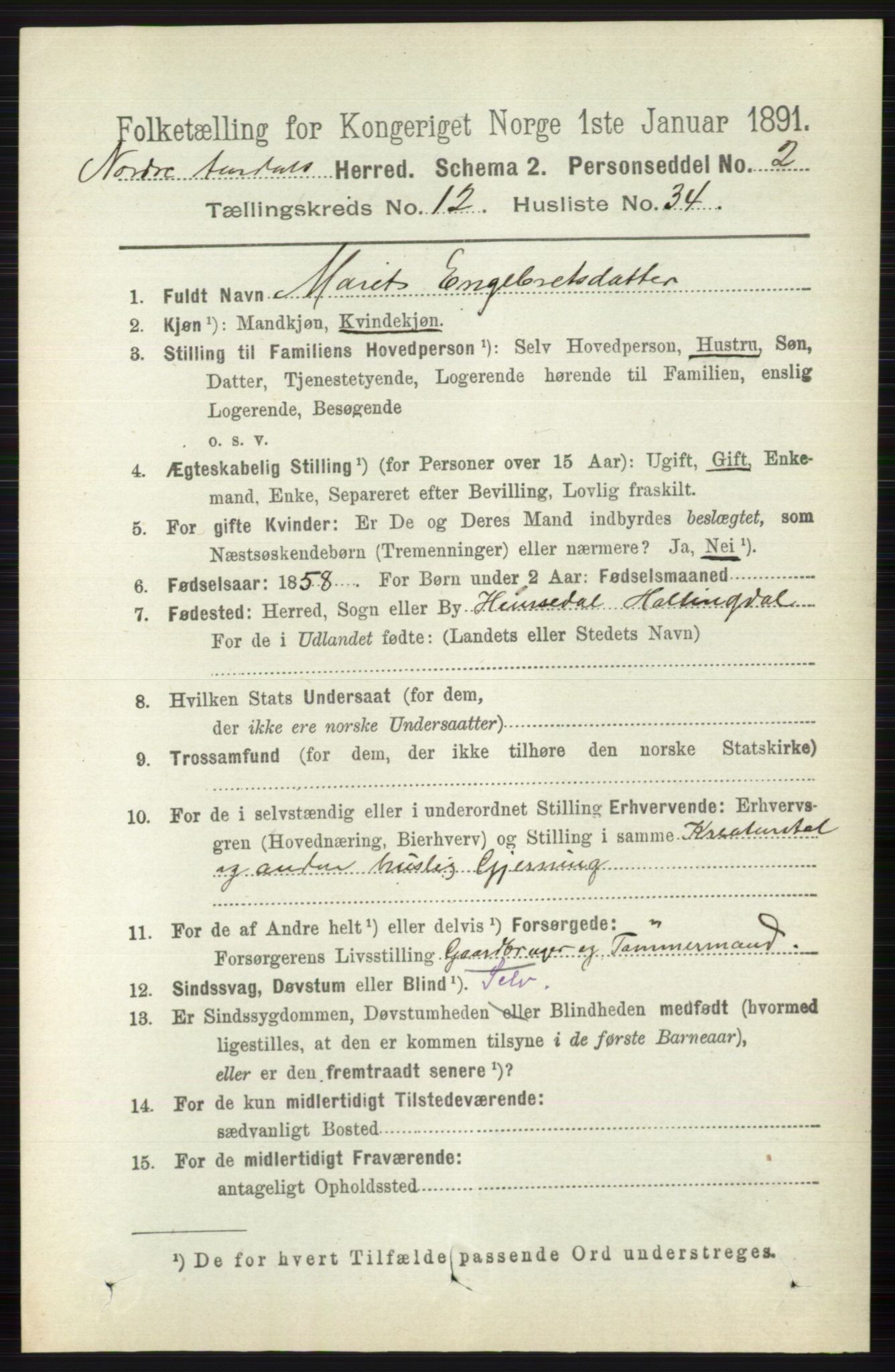 RA, 1891 census for 0542 Nord-Aurdal, 1891, p. 4679