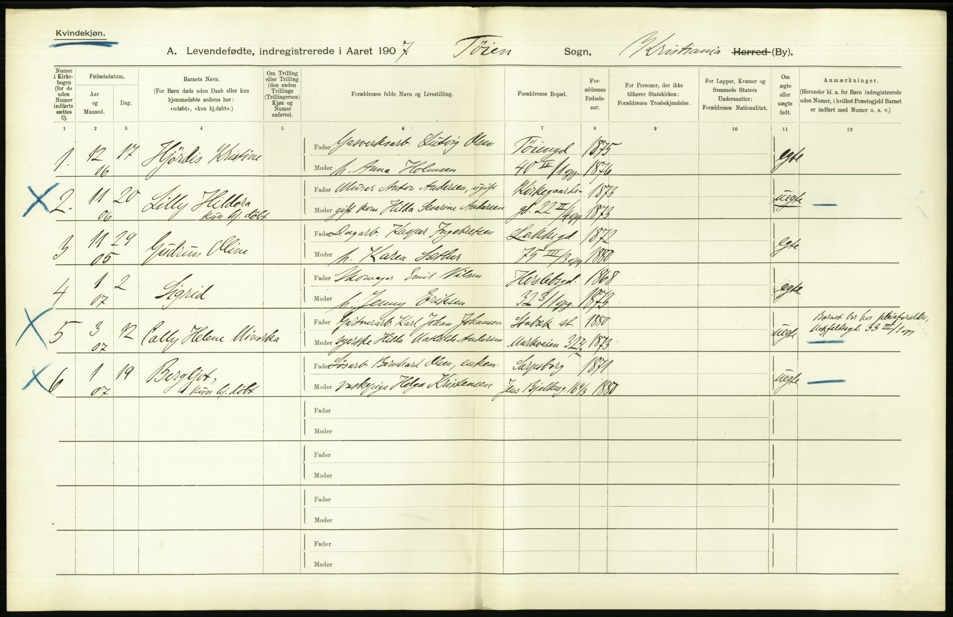 Statistisk sentralbyrå, Sosiodemografiske emner, Befolkning, AV/RA-S-2228/D/Df/Dfa/Dfae/L0007: Kristiania: Levendefødte menn og kvinner., 1907, p. 660