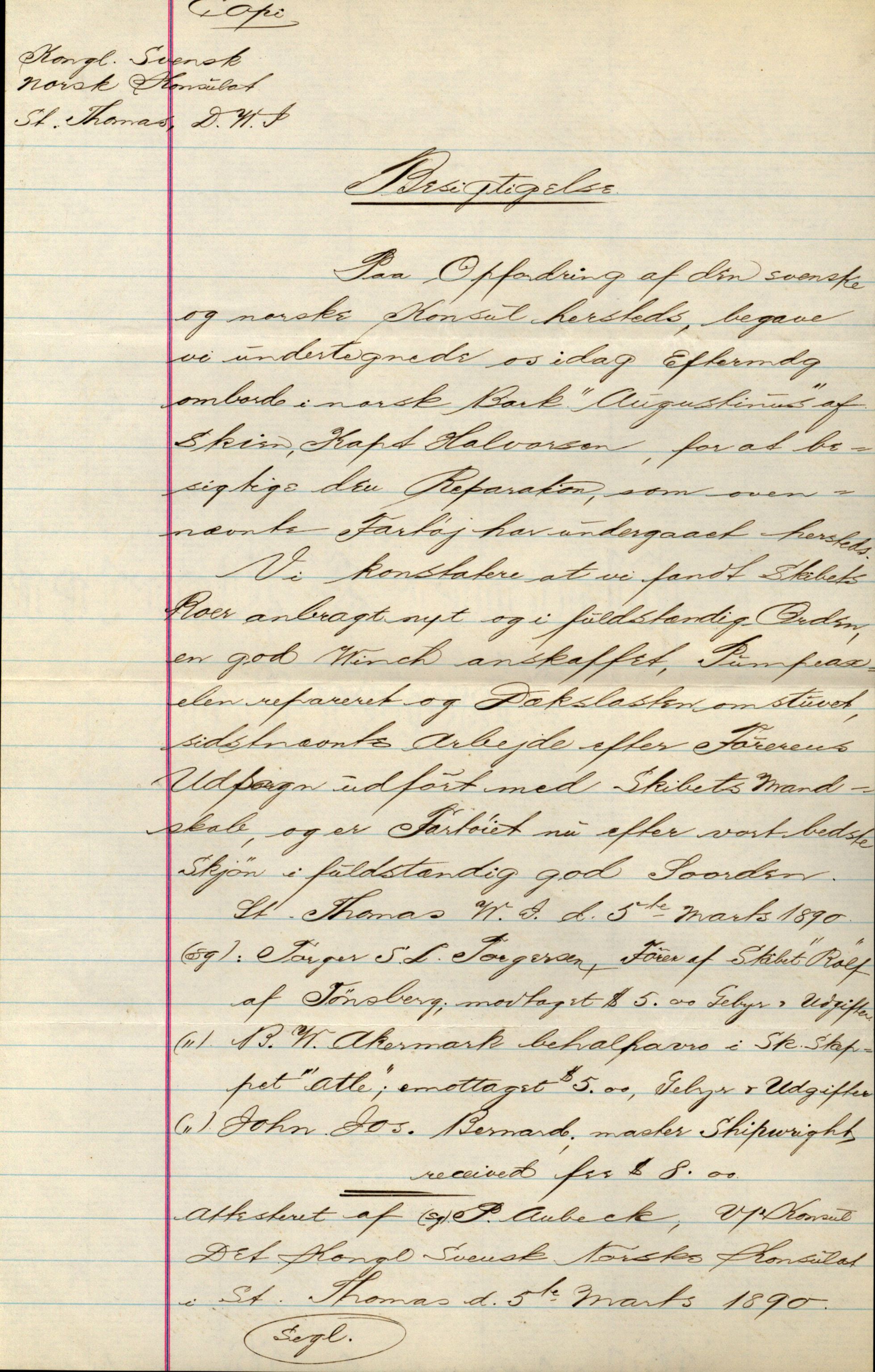 Pa 63 - Østlandske skibsassuranceforening, VEMU/A-1079/G/Ga/L0026/0008: Havaridokumenter / Bernadotte, Bardeu, Augustinus, Atlanta, Arne, 1890, p. 17