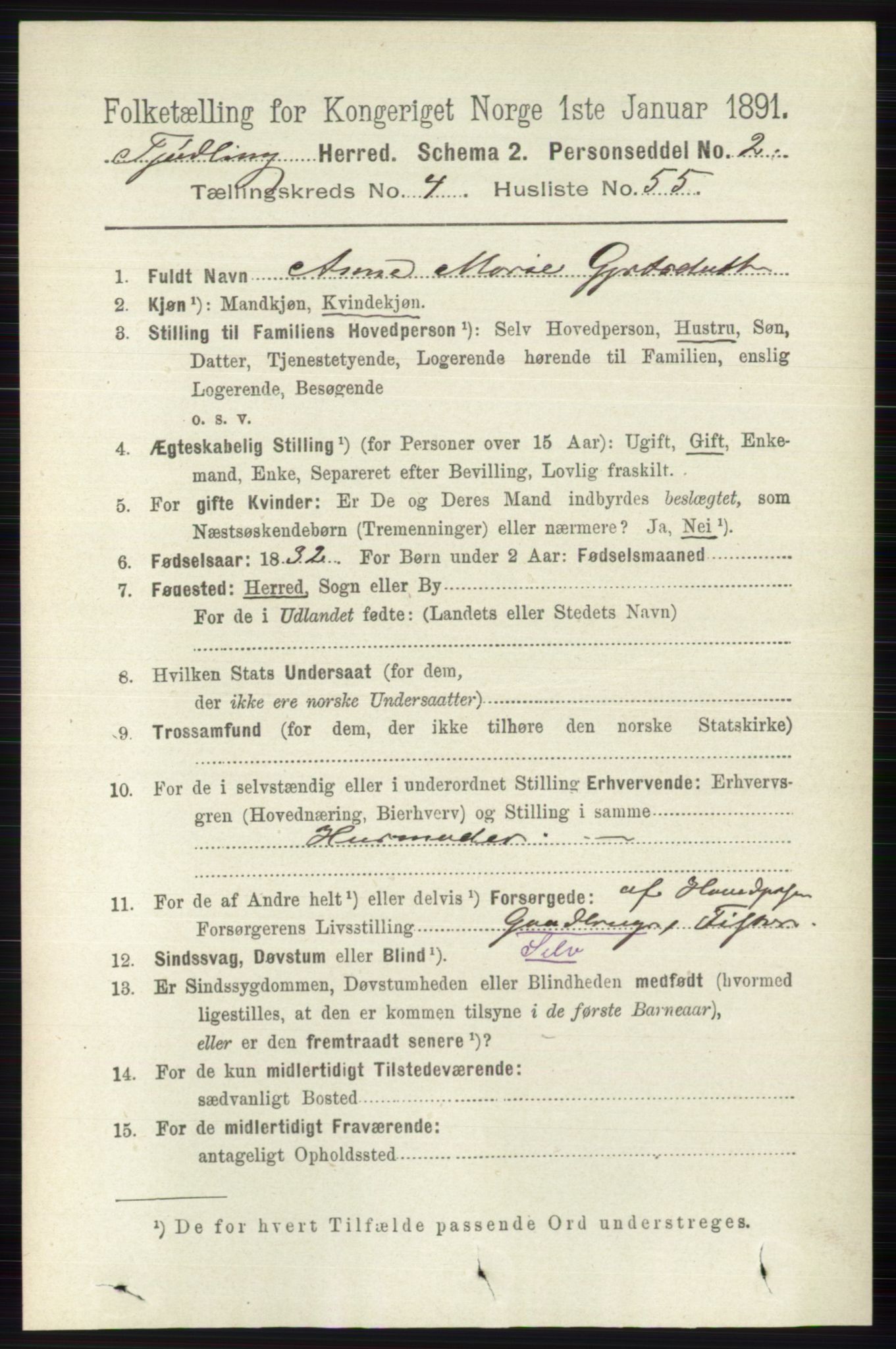RA, 1891 census for 0725 Tjølling, 1891, p. 1765