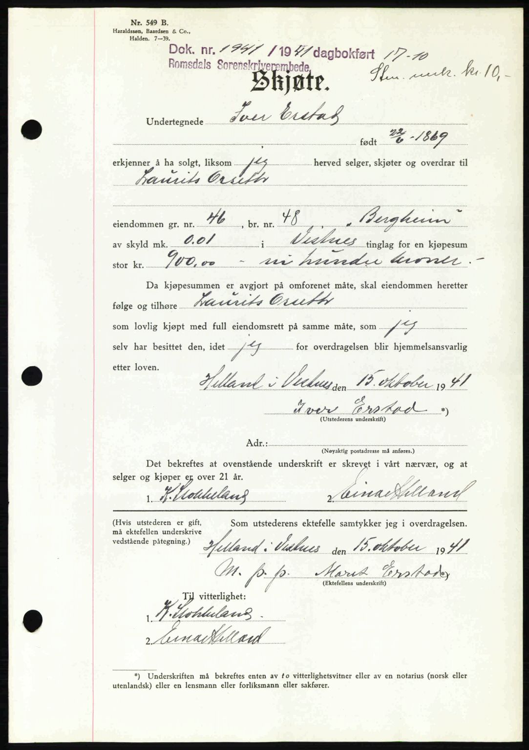 Romsdal sorenskriveri, AV/SAT-A-4149/1/2/2C: Mortgage book no. A11, 1941-1942, Diary no: : 1941/1941