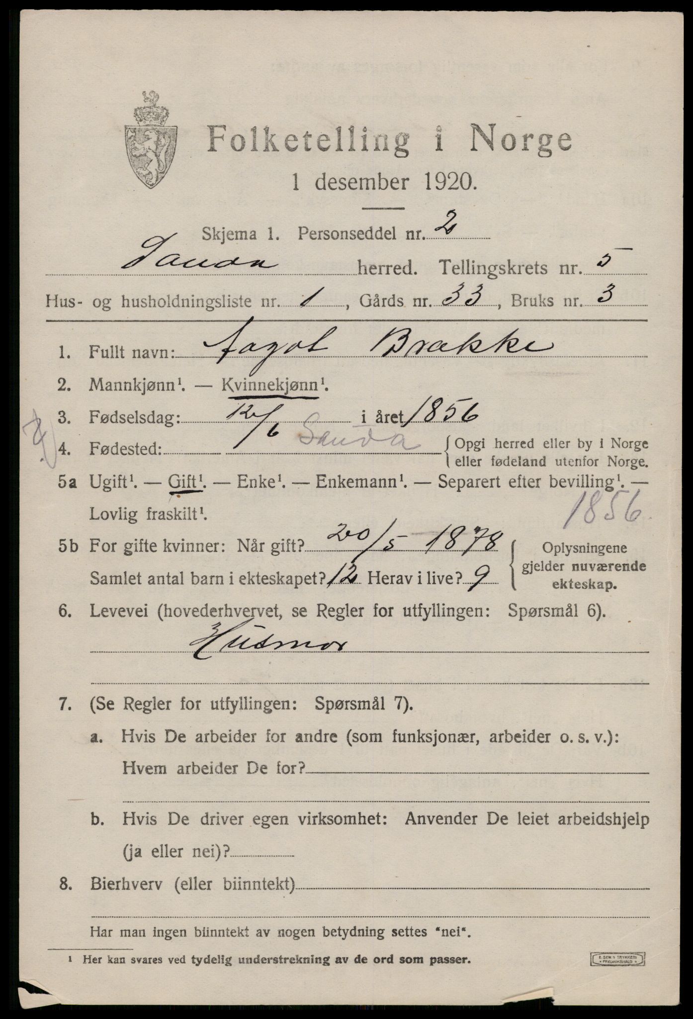 SAST, 1920 census for Sauda, 1920, p. 3012