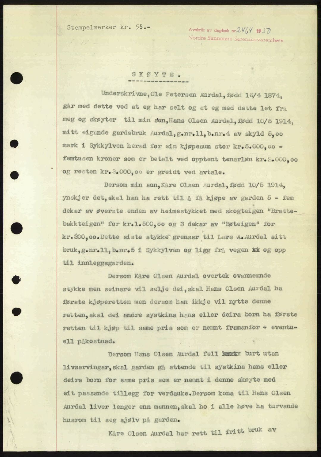 Nordre Sunnmøre sorenskriveri, AV/SAT-A-0006/1/2/2C/2Ca: Mortgage book no. A36, 1950-1950, Diary no: : 2464/1950