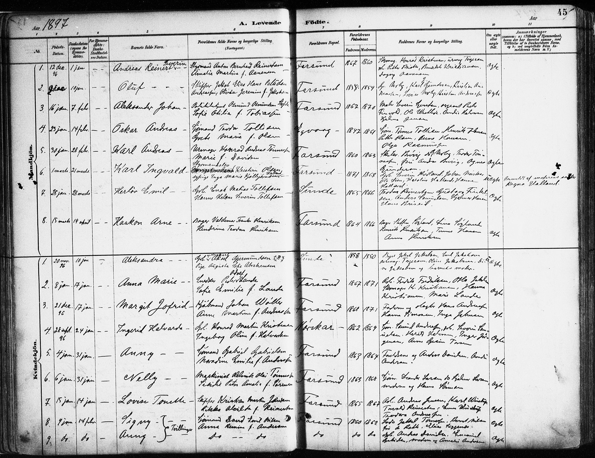 Farsund sokneprestkontor, SAK/1111-0009/F/Fa/L0006: Parish register (official) no. A 6, 1887-1920, p. 45
