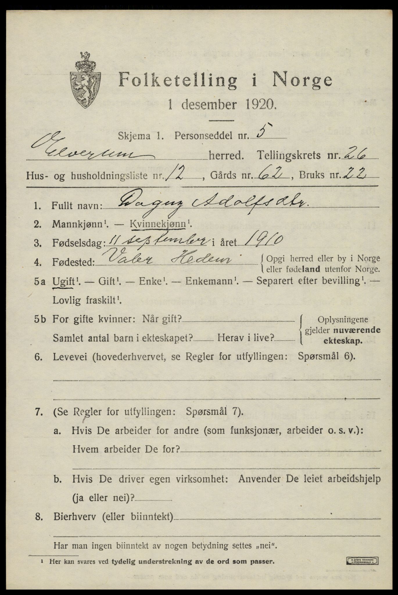 SAH, 1920 census for Elverum, 1920, p. 26986