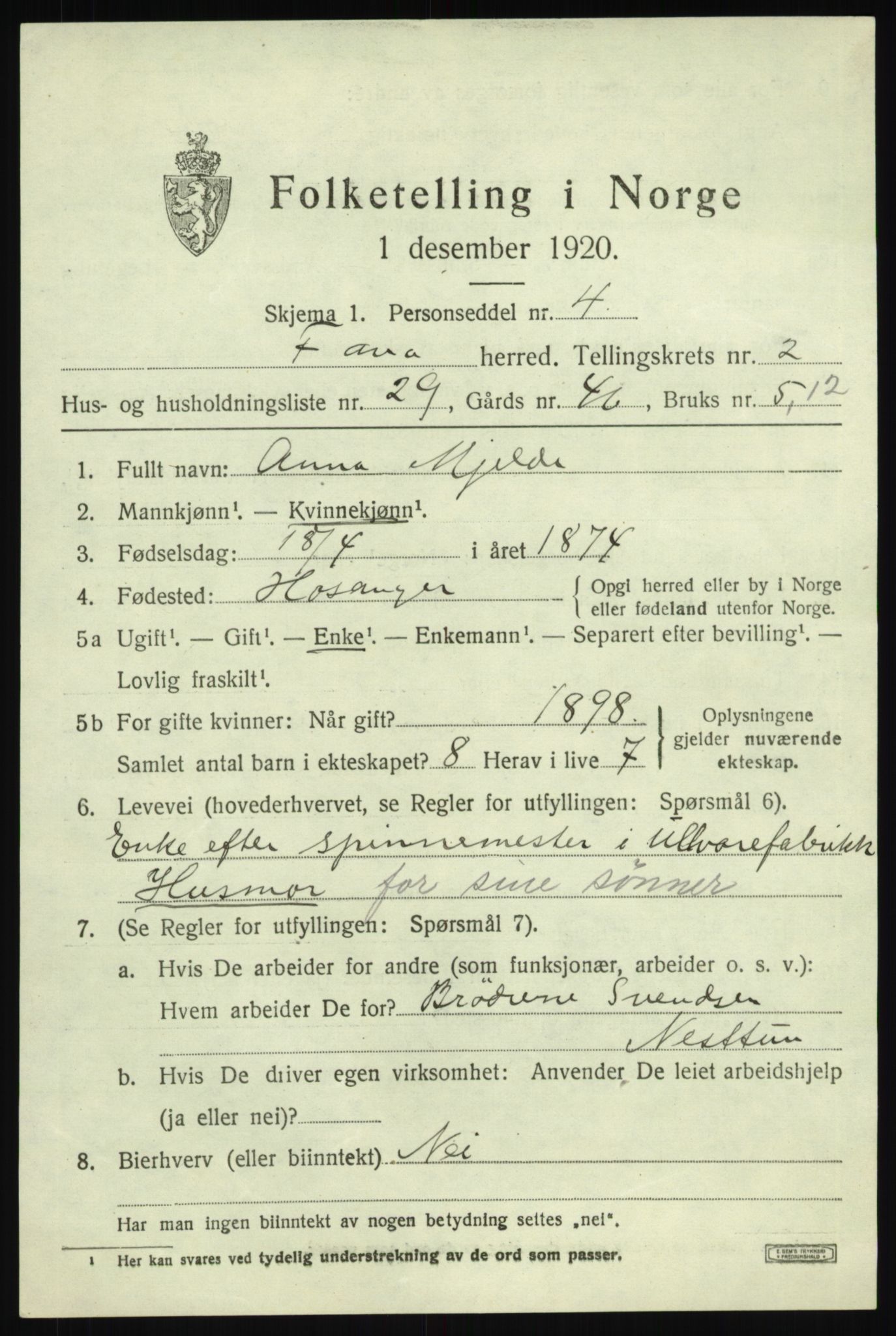 SAB, 1920 census for Fana, 1920, p. 4789