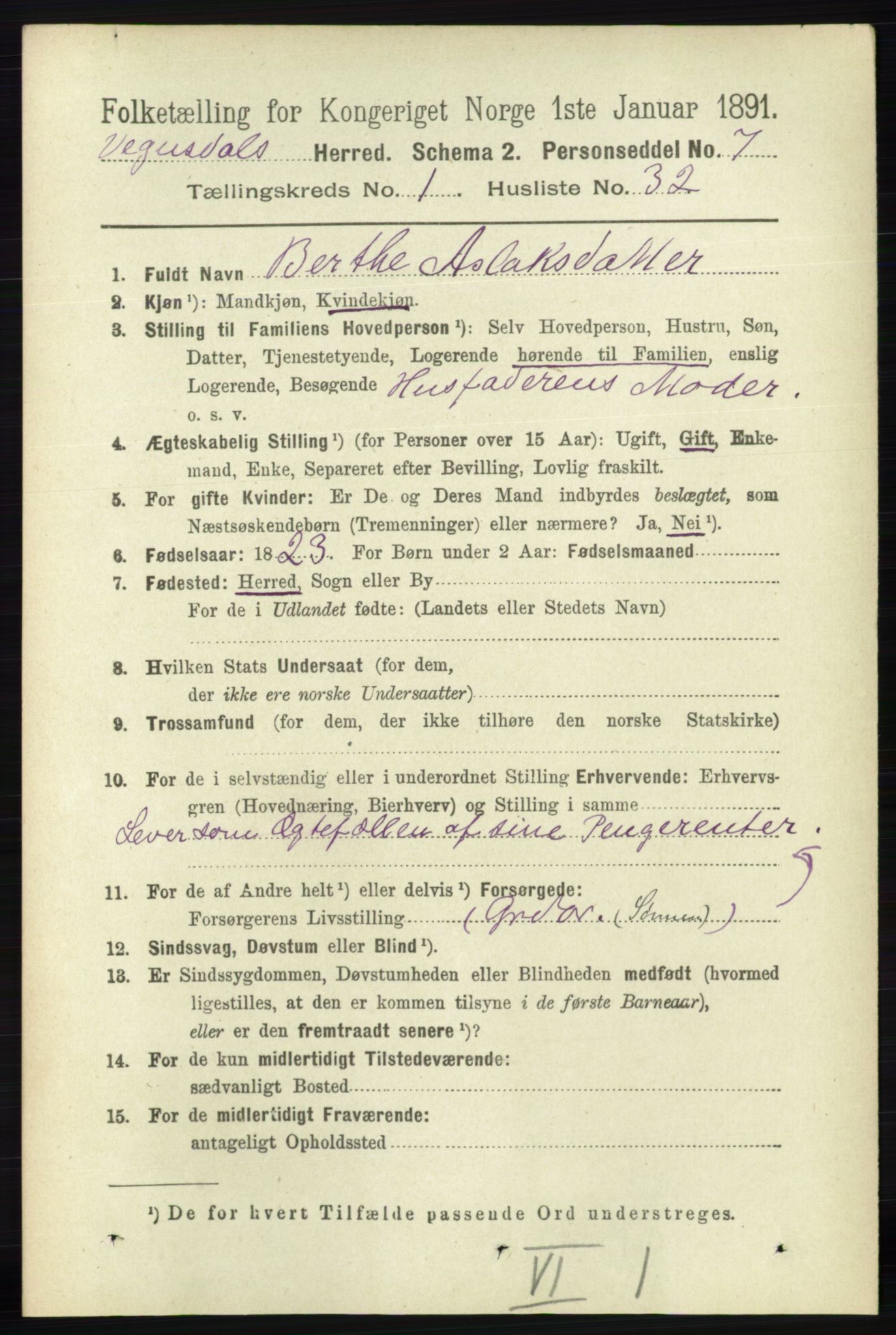 RA, 1891 census for 0934 Vegusdal, 1891, p. 279