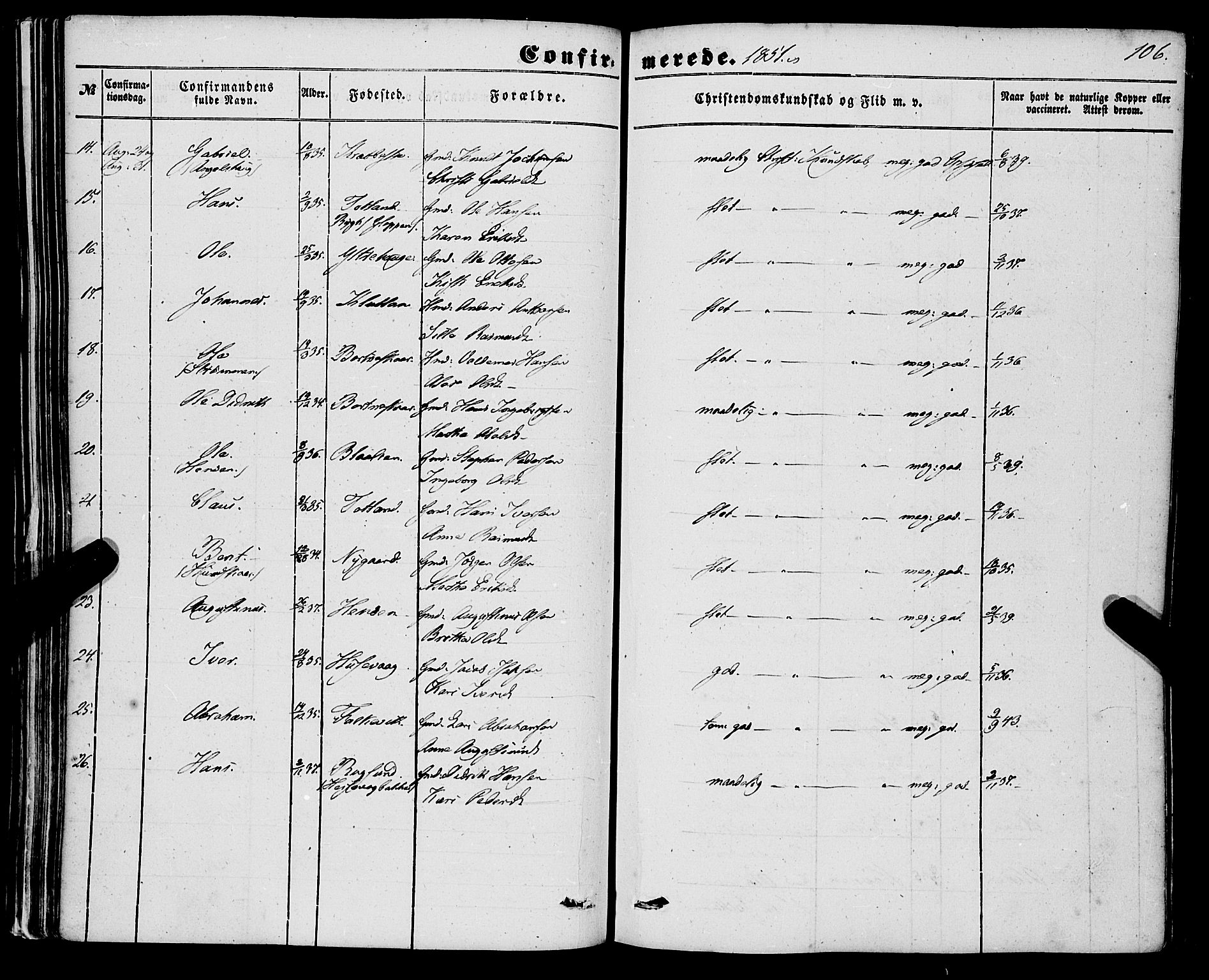 Davik sokneprestembete, AV/SAB-A-79701/H/Haa/Haaa/L0005: Parish register (official) no. A 5, 1850-1866, p. 106