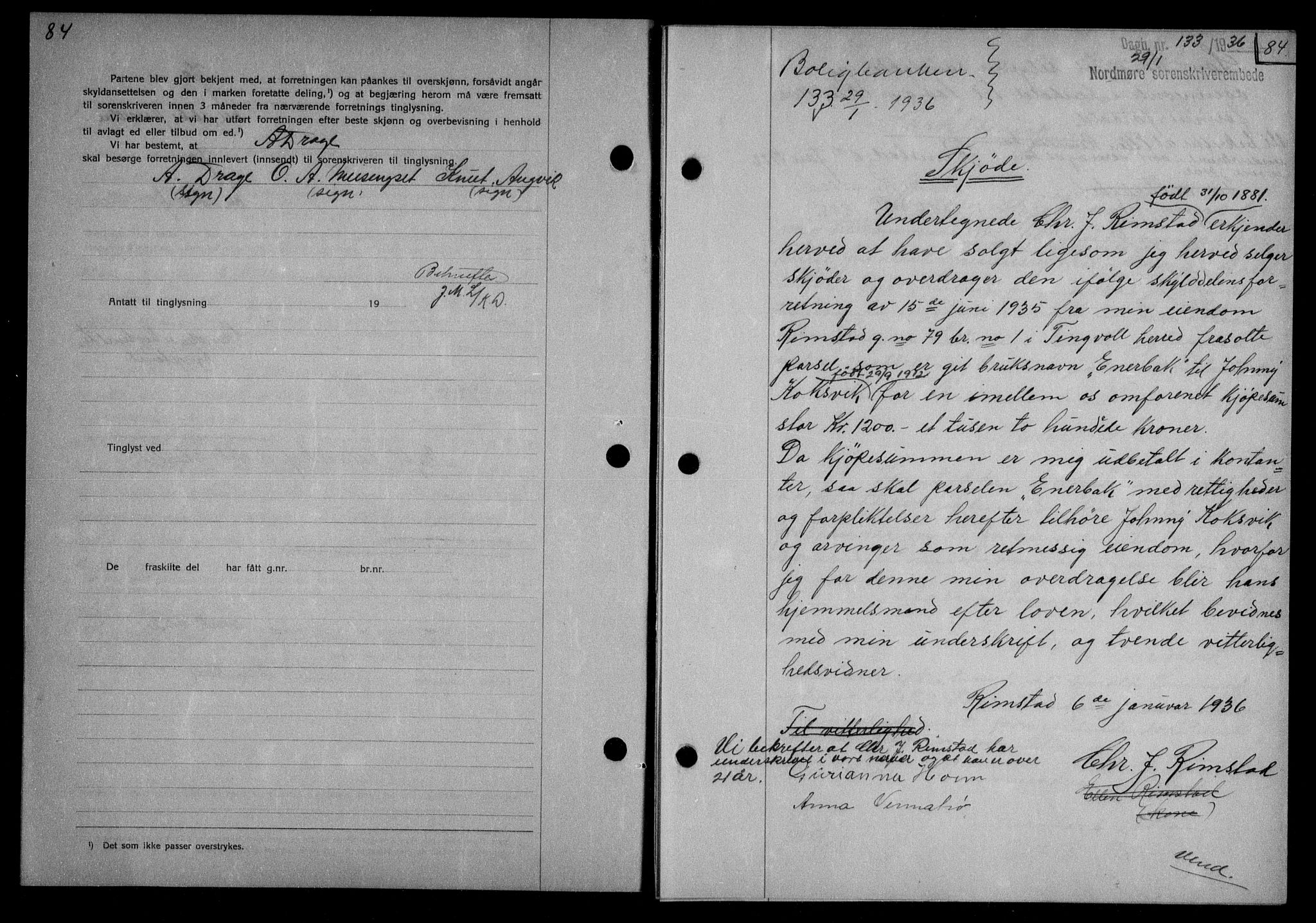 Nordmøre sorenskriveri, AV/SAT-A-4132/1/2/2Ca/L0087: Mortgage book no. 77, 1935-1936, Deed date: 29.01.1936